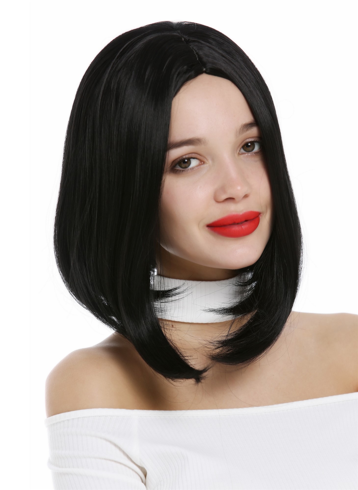 hochwertige Qualitätsperücken, Perücke kurz konkaver Bob Longbob Mittelscheitel Schwarz YZF-4365-1B, Ansicht 4, WIG ME UP: Ihr Perücken Online Shop glatte Tressen-Perücke mit Kopfhaut-Imitat Samtschwarz kurze Haare für Damen