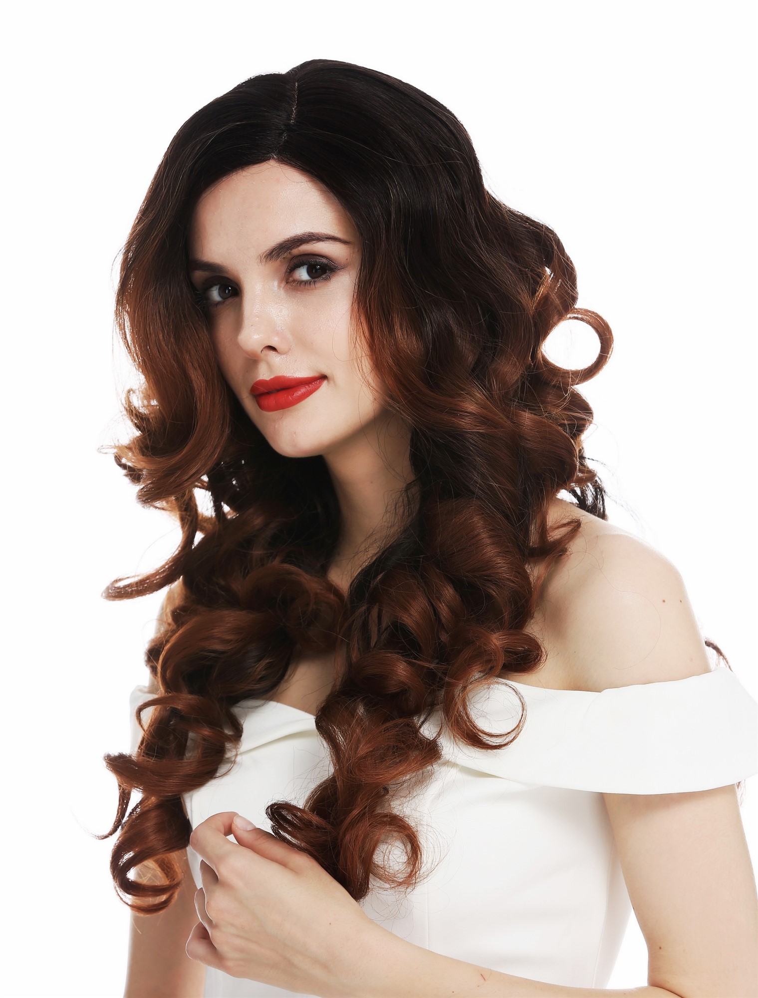 hochwertige Qualitätsperücken, Perücke Lacefront lang Korkenzieher Locken Schwarz Kupferbraun Ombre Balayage DW-2163-LF-30YS2, Ansicht 3, WIG ME UP: Ihr Perücken Online Shop lockige Tressen-Perücke mit Front-Lace Schwarz-Braun-Mix lange Haare für Damen