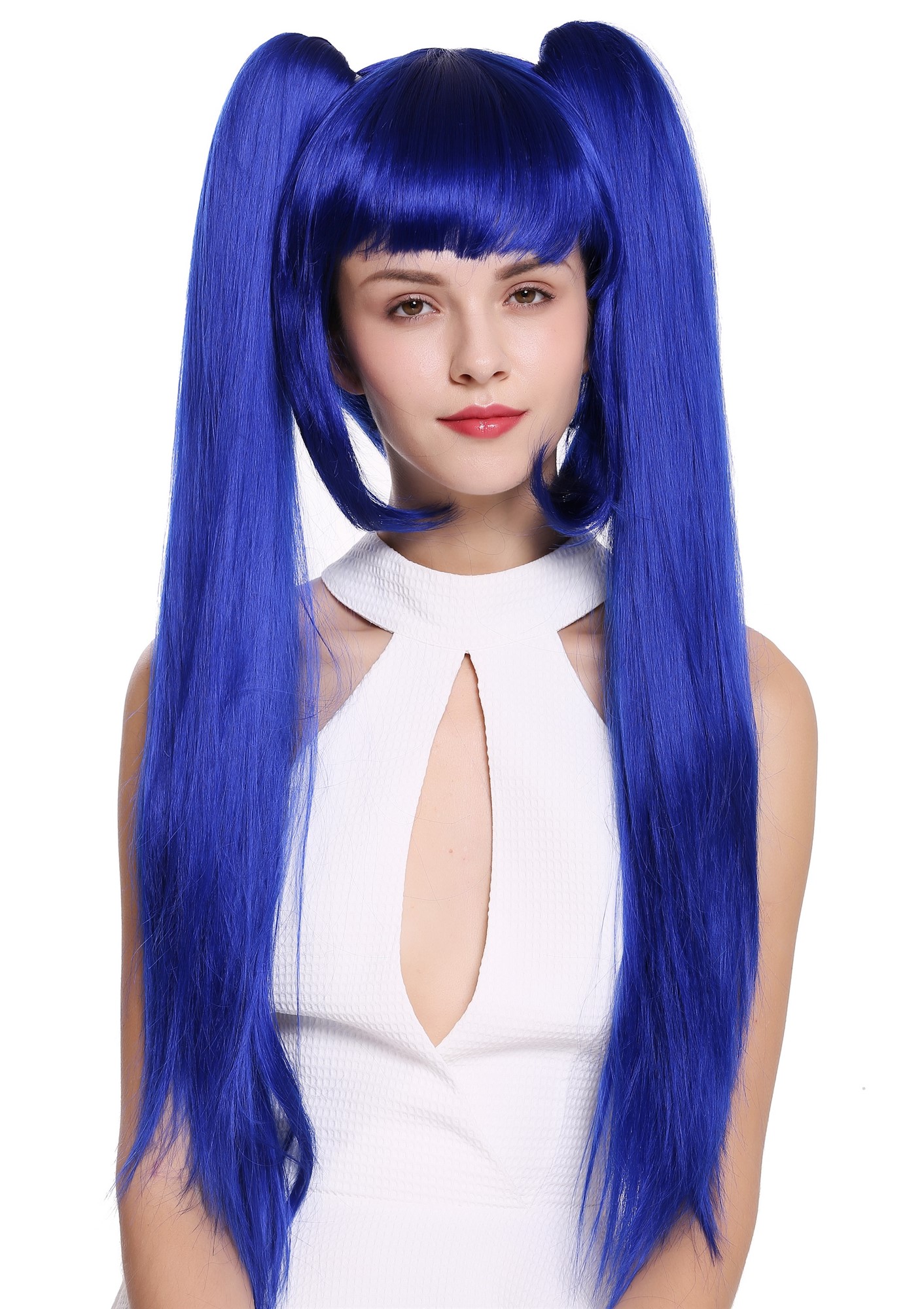 Lady Women Wig Cosplay Lolita 2 long pigtails ponytails removeable blue ZM-1708, front view, WIG ME UP: Your Perücken Online Shop Quality Wigs, Ladies, Blue, straight, long
