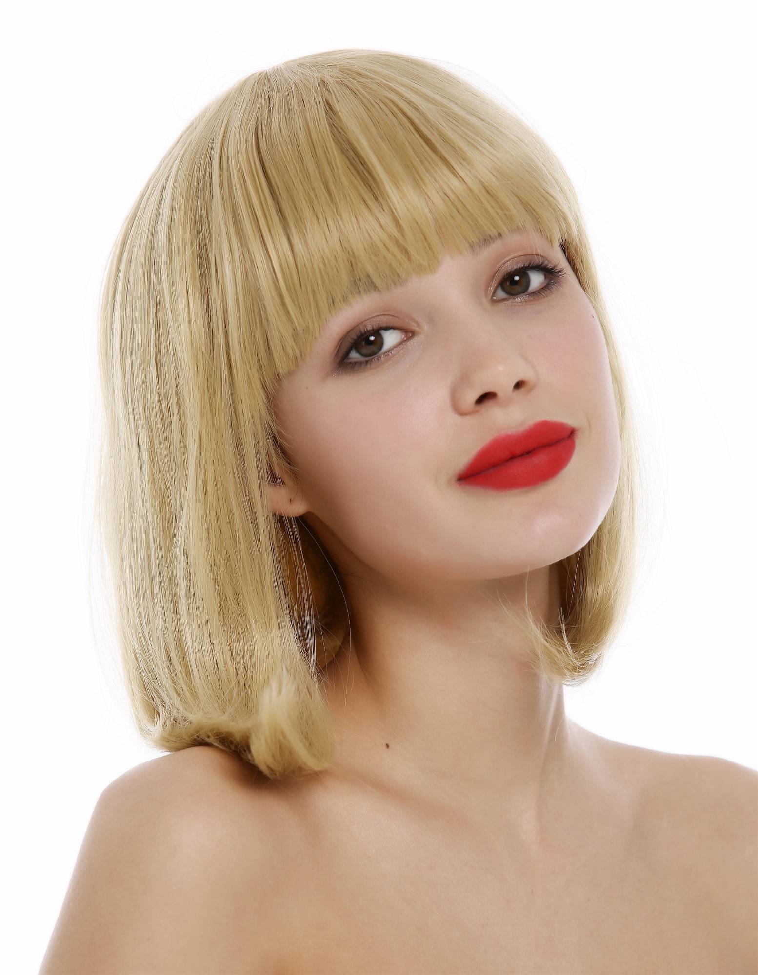 hochwertige Qualitätsperücken, Perücke kurz Longbob glatt geschwungene Spitzen Pony Goldblond YZF-4375-86, Ansicht 3, WIG ME UP: Ihr Perücken Online Shop glatte Tressen-Perücke Karamelblond schulterlange Haare für Damen