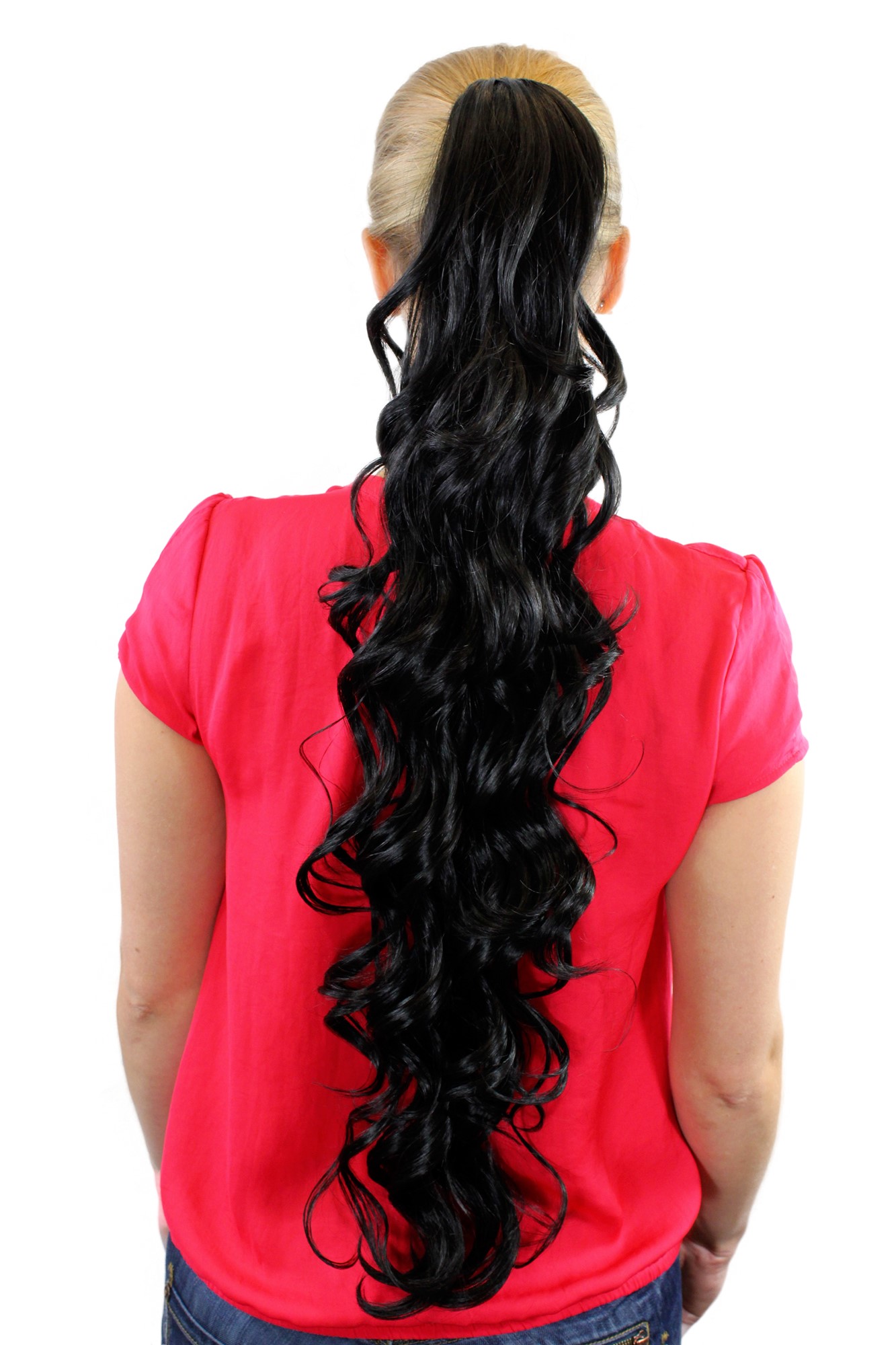 hochwertiges Haarteil Schwarz welliges Haar Butterfly-Clip Extension JL-4017-1B, Vorderansicht, WIG ME UP: Ihr Perücken Online Shop welliges Zopf-Haarteil Samtschwarz 75 cm lang