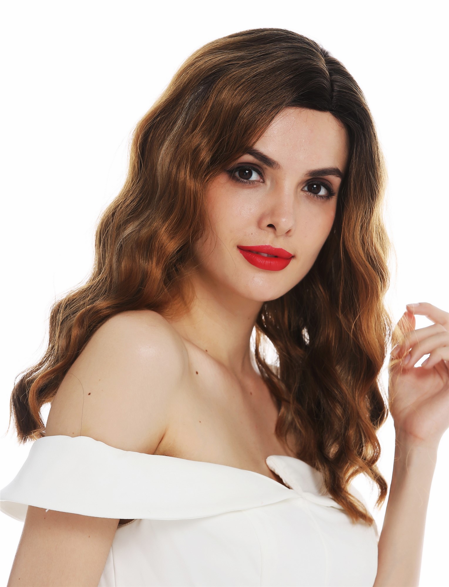 hochwertige Qualitätsperücken, Perücke lang Scheitel edel wellig Balayage gesträhnt Braun Blond Hollywood Diva VK-58-OH27-30-613, Vorderansicht, WIG ME UP: Ihr Perücken Online Shop wellige Tressen-Perücke mit Kopfhaut-Imitat Braun-Blond-Mix schulterlange Haare für Damen