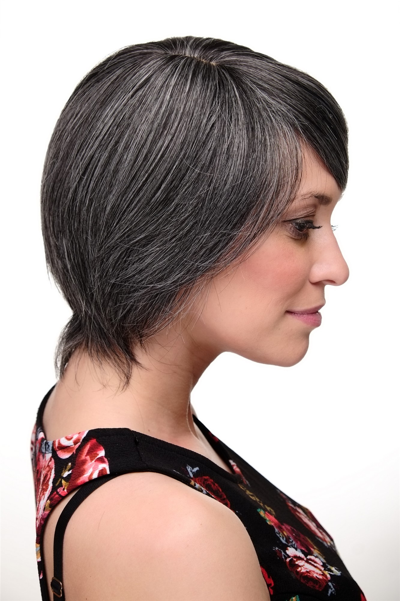 Lady women wig short long bob page long fringe parted to side dark gray 6082, view 3, WIG ME UP: Your Perücken Online Shop Quality Wigs, Ladies, dark brown-gray mix, straight, short