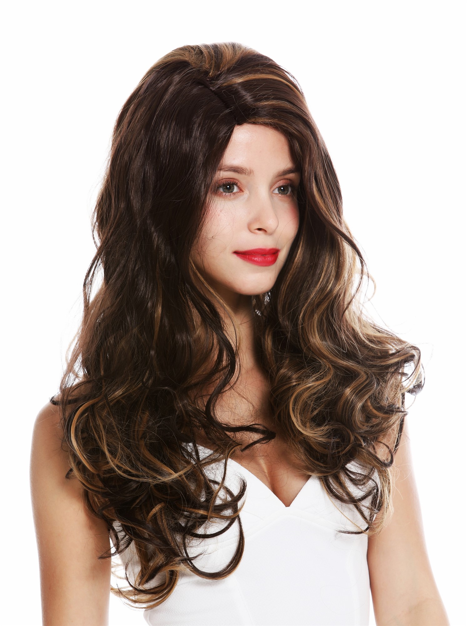 hochwertige Qualitätsperücken, Perücke lang Mittelscheitel gelockt braun blond gesträhnt GFW2934-6+26, Ansicht 2, WIG ME UP: Ihr Perücken Online Shop lockige Tressen-Perücke Braun-Blond-Mix lange Haare für Damen