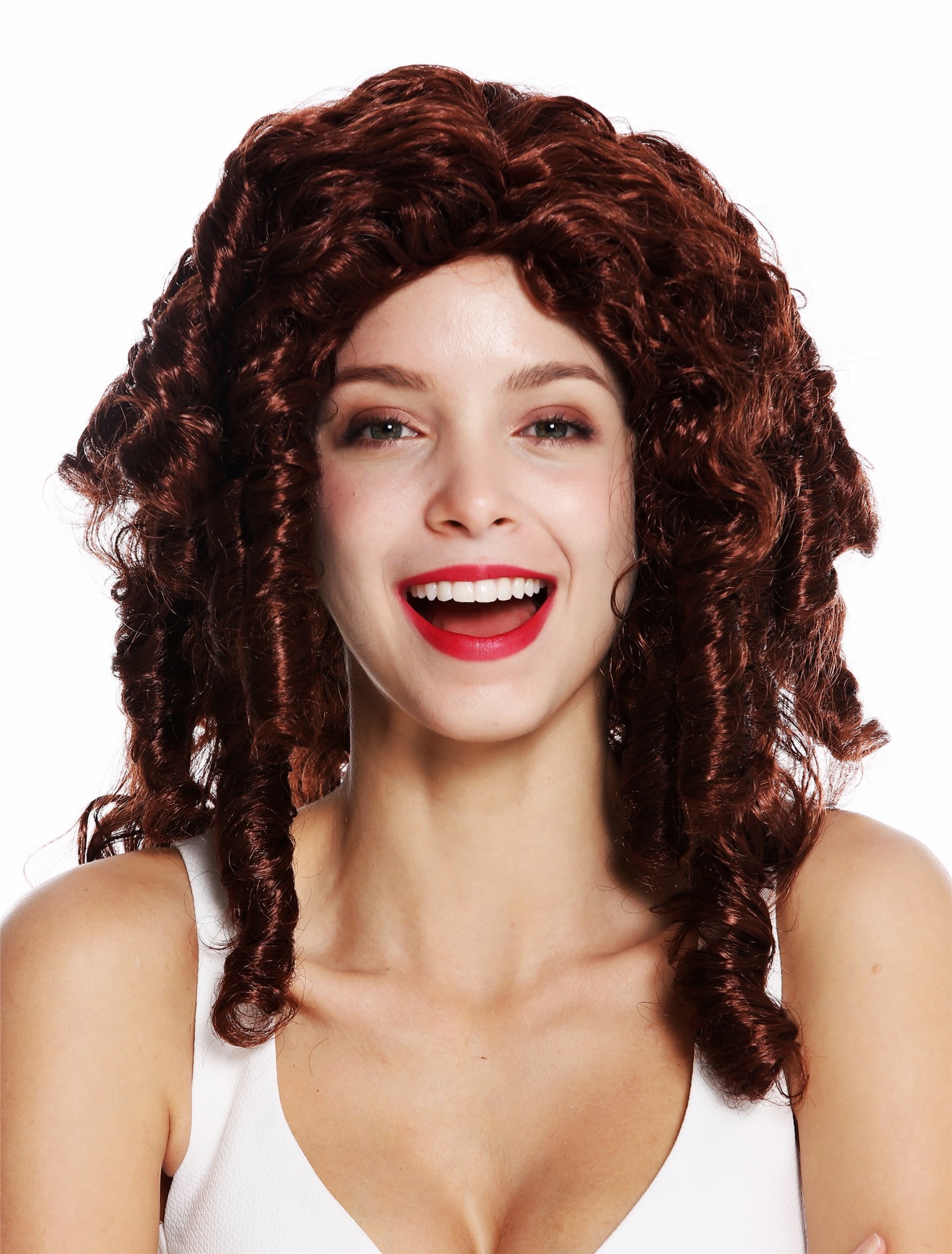 günstige Party Perücke, Perücke Korkenzieher-Locken lang Rotbraun 91056-1-ZA340, Vorderansicht, WIG ME UP: Ihr Perücken Online Shop lockige Party Perücke Rotbraun lange Haare für Damen