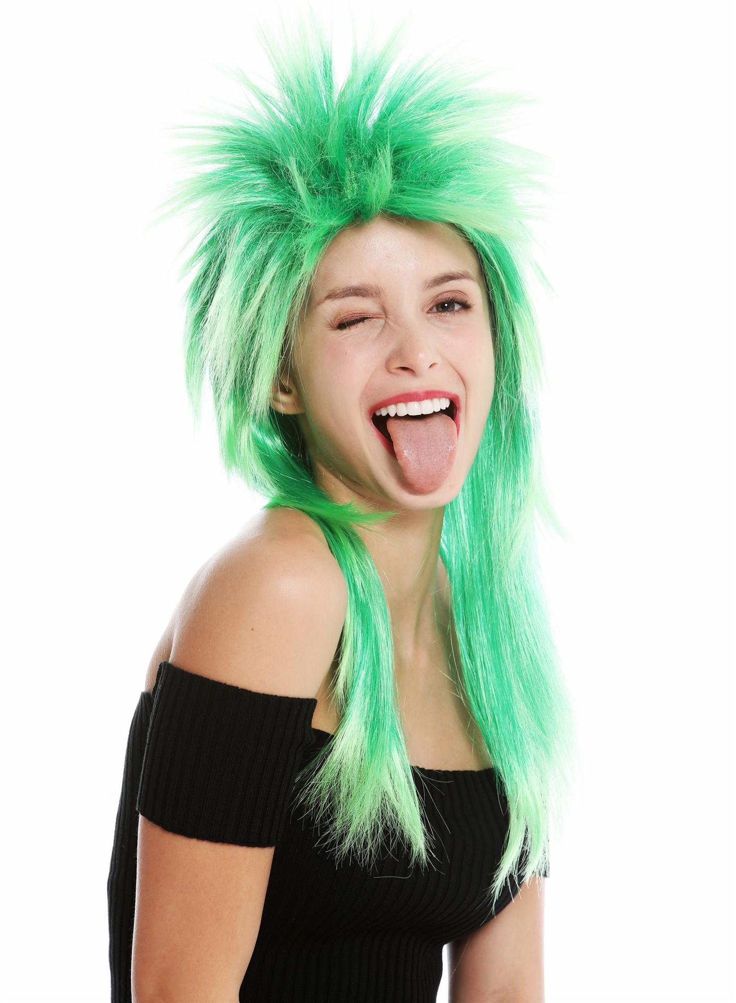Party wig carnival punk mullet rocker wild 80's wave long green mix DH1069, front view, WIG ME UP: Your Perücken Online Shop Party Wig, Unisex, green mix, straight, long