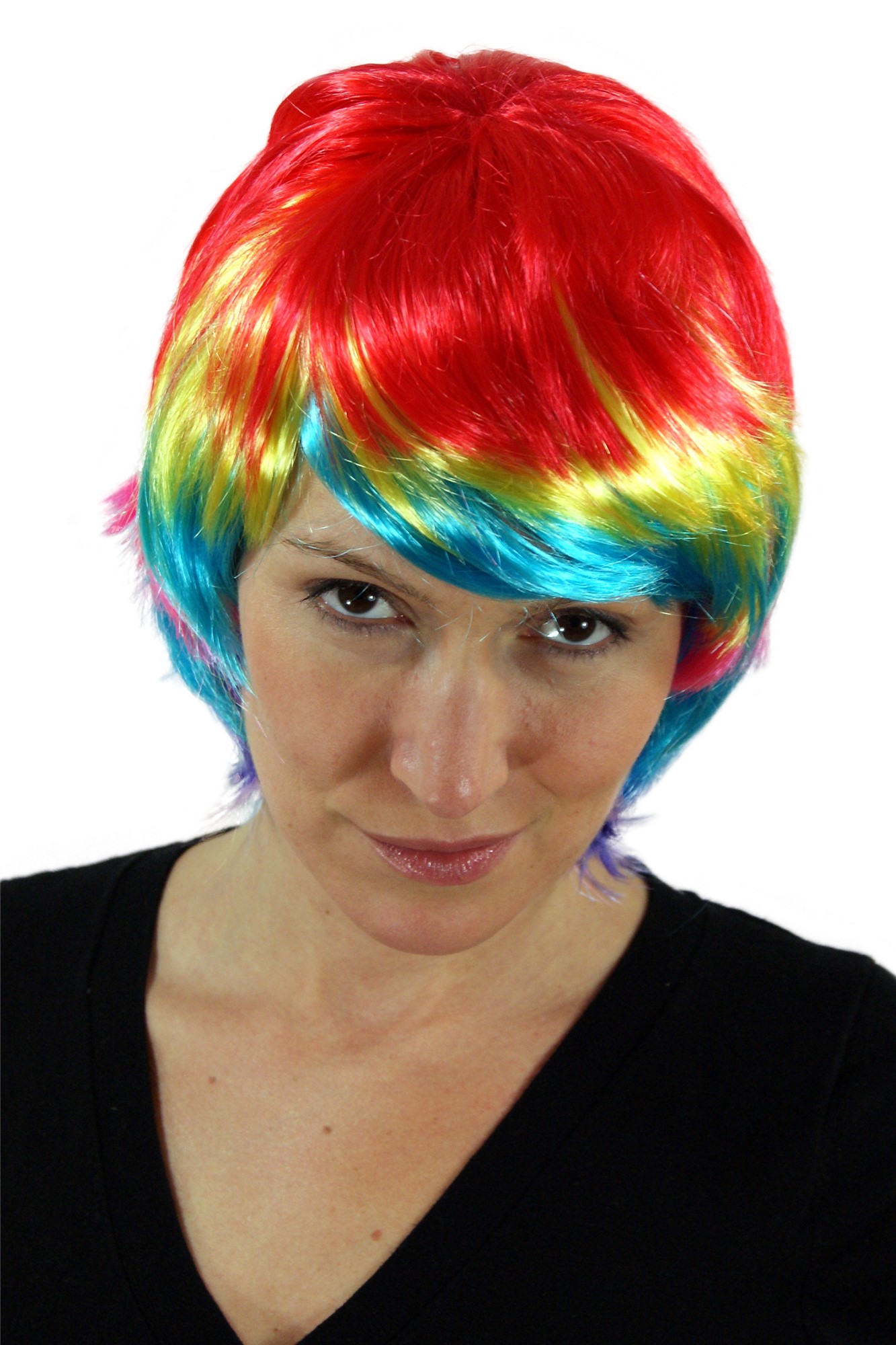 günstige Party Perücke, Knall bunte Bob-Perücke Fasching Paradiesvogel PW0047, Vorderansicht, WIG ME UP: Ihr Perücken Online Shop glatte Party Perücke bunt schulterlange Haare für Damen