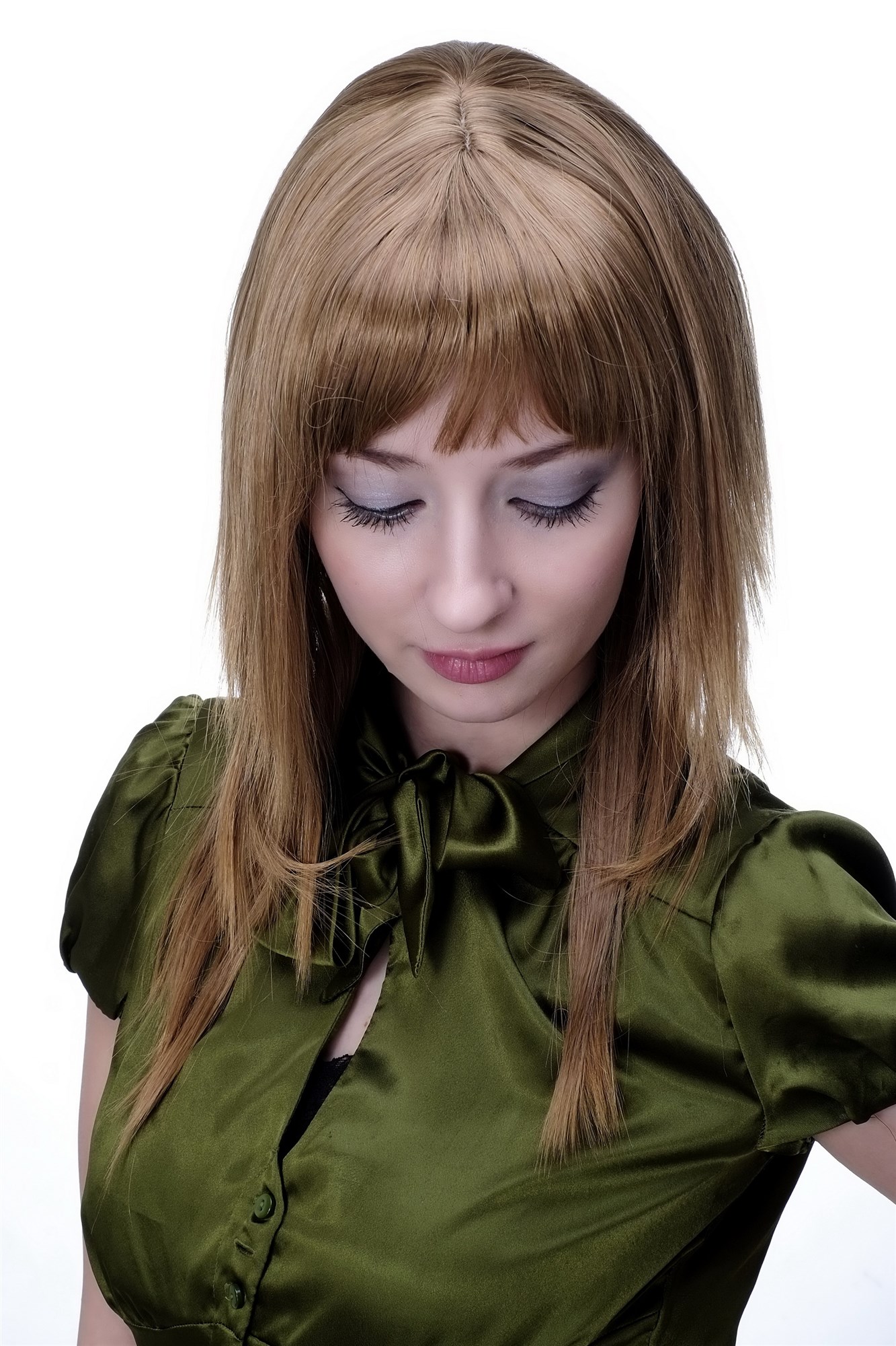 hochwertige Qualitätsperücken, Damen Perücke glatt gestuft lang Pony dunkelblond + rötlich 9214-14T27, Ansicht 2, WIG ME UP: Ihr Perücken Online Shop glatte Tressen-Perücke mit Kopfhaut-Imitat Hellbraun und Kupferblond lange Haare für Damen