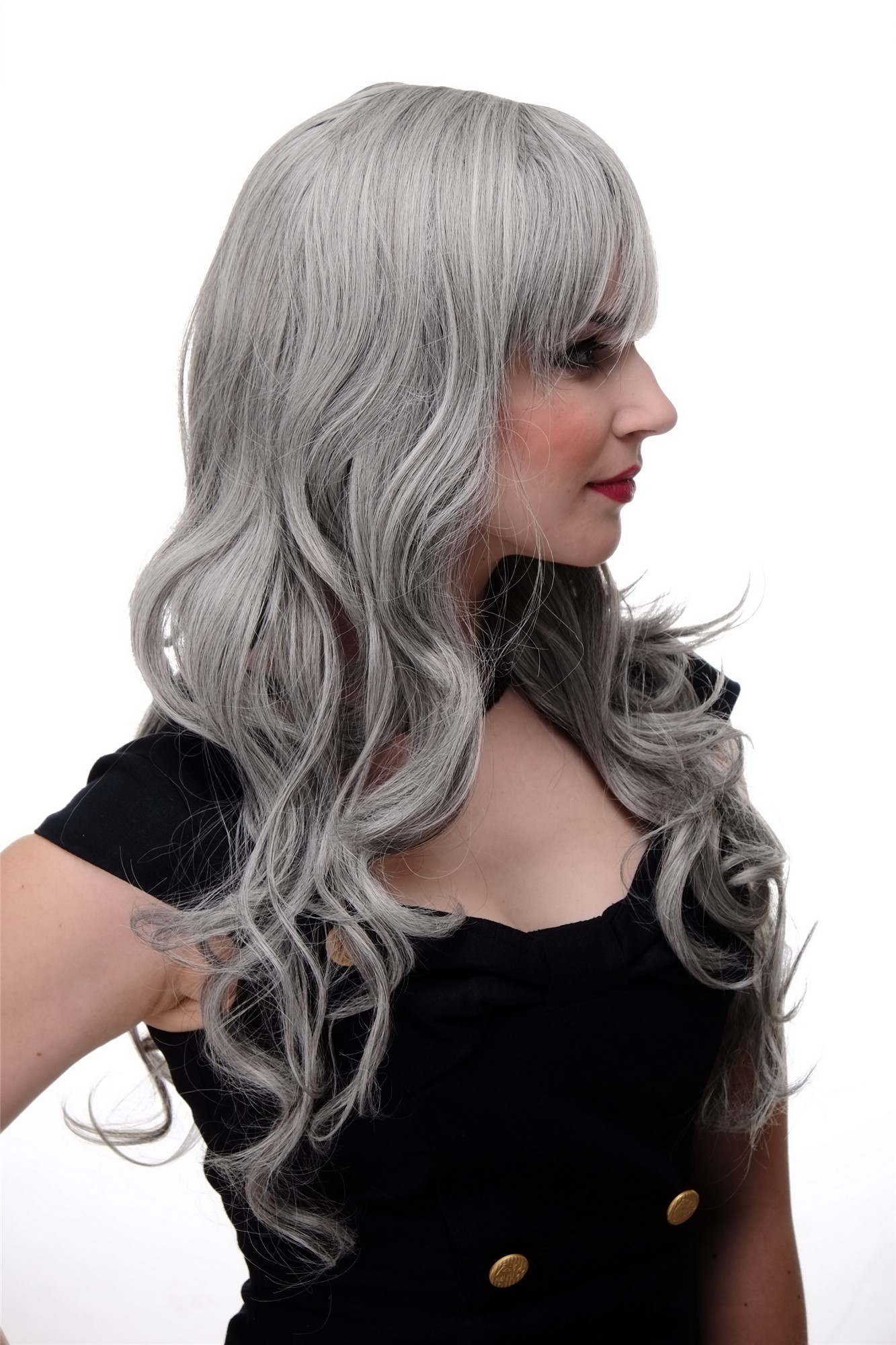 hochwertige Qualitätsperücken, Lange Damen Perücke mit großen kräftigen Locken Pony Grau Hellgrau-Mix 285-51, Ansicht 3, WIG ME UP: Ihr Perücken Online Shop lockige Tressen-Perücke mit Kopfhaut-Imitat Grau lange Haare für Damen