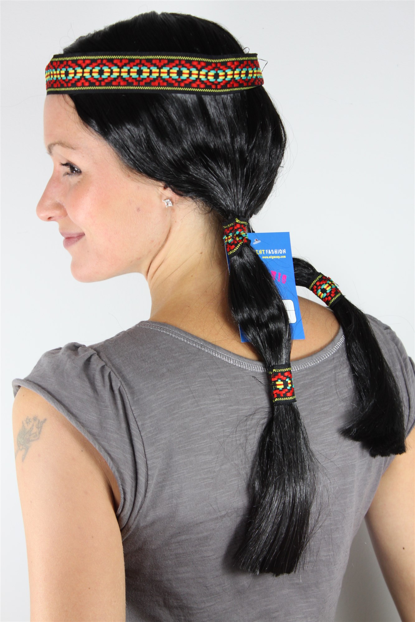 günstige Party Perücke, Perücke Indianerin schwarze lange geflochtene Zöpfe LM3043-P103, Ansicht 2, WIG ME UP: Ihr Perücken Online Shop glatte Party Perücke Schwarz schulterlange Haare für Damen