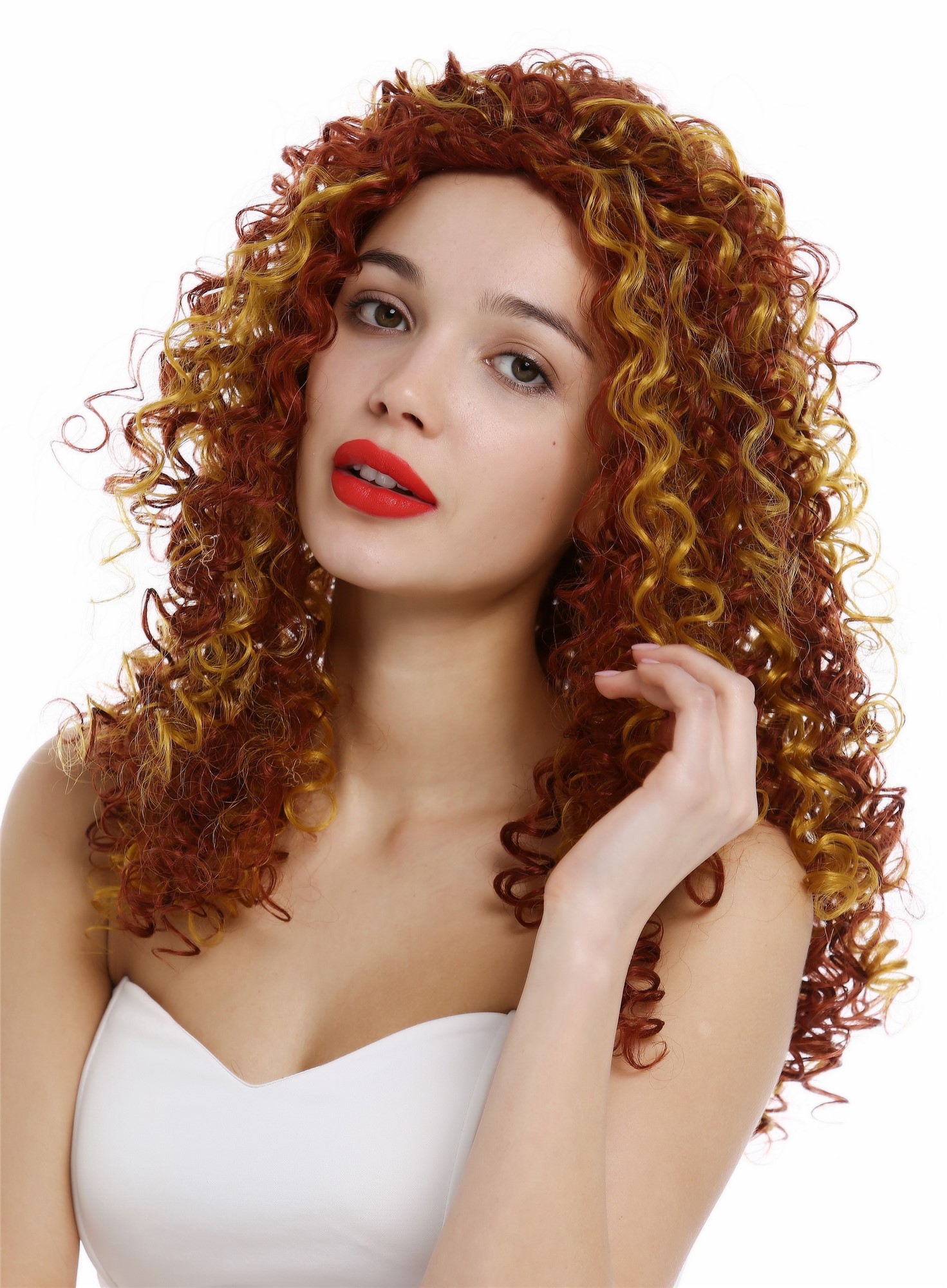 Lady Wig long very curly voluminous curls curled copper red goldblond mix VK-35 , front view, WIG ME UP: Your Perücken Online Shop Quality Wigs, Ladies, red-blonde mix, curled, long