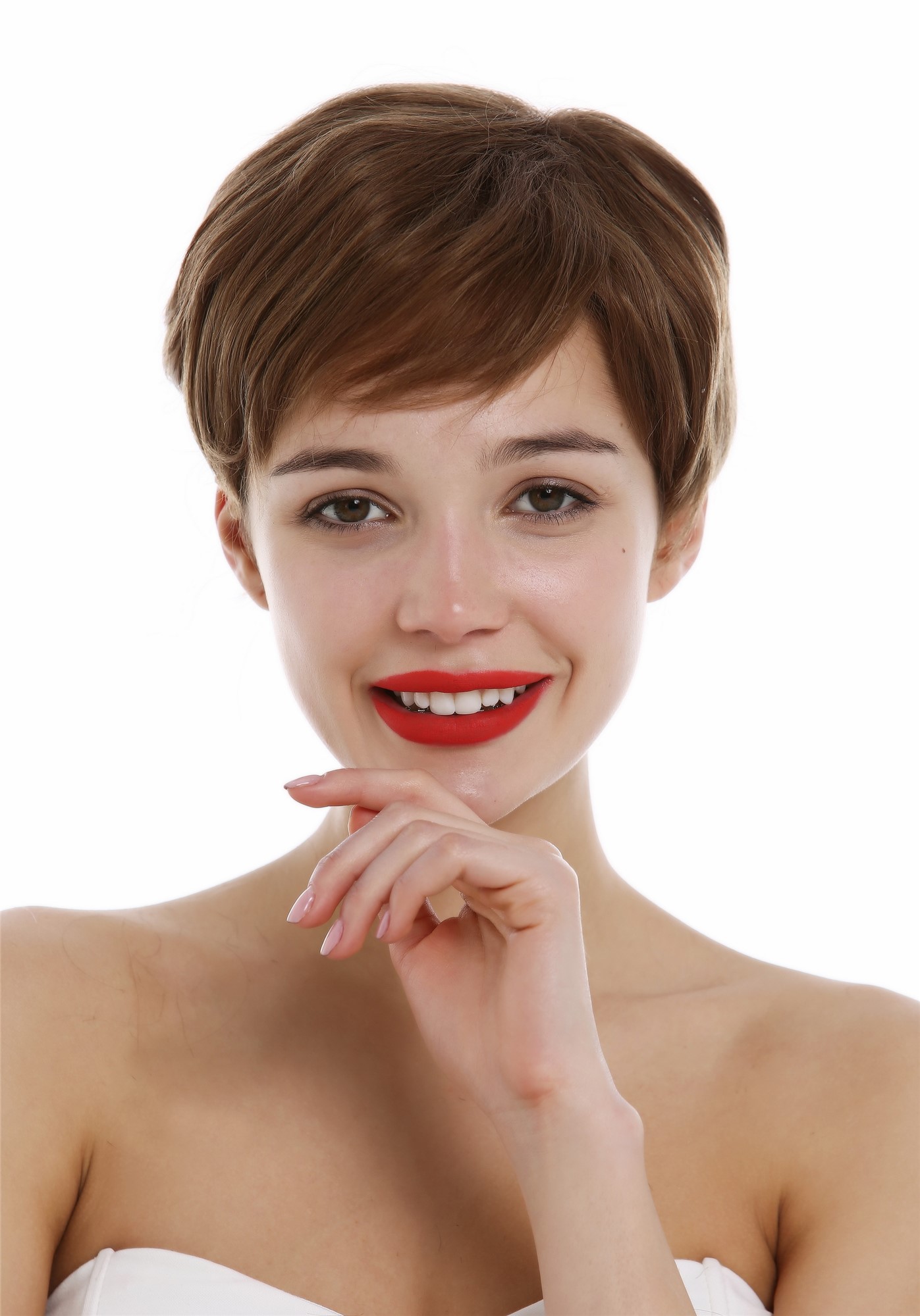 hochwertige Qualitätsperücken, Perücke Echthaar Damen Herren kurz Pixie wellig Scheitel braun DP-HH-10, Ansicht 5, WIG ME UP: Ihr Perücken Online Shop glatte Tressen-Perücke Mittel-Goldbraun kurze Haare für Damen