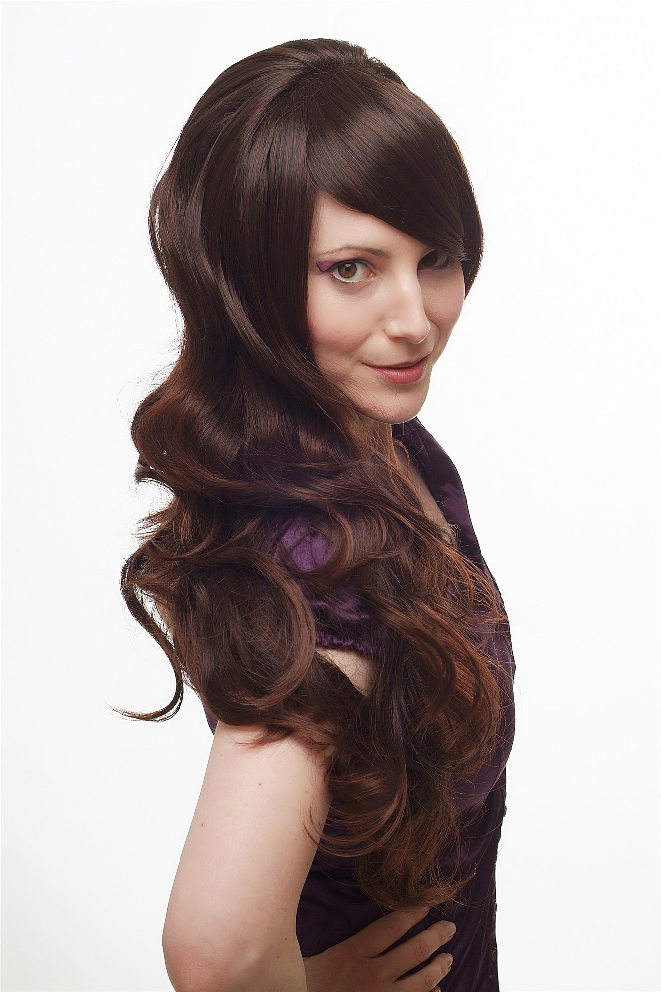 hochwertige Qualitätsperücken, Perücke toupiert 60ies Retro Mahagoni H9149-2T33, Ansicht 5, WIG ME UP: Ihr Perücken Online Shop wellige Tressen-Perücke Braun lange Haare für Damen