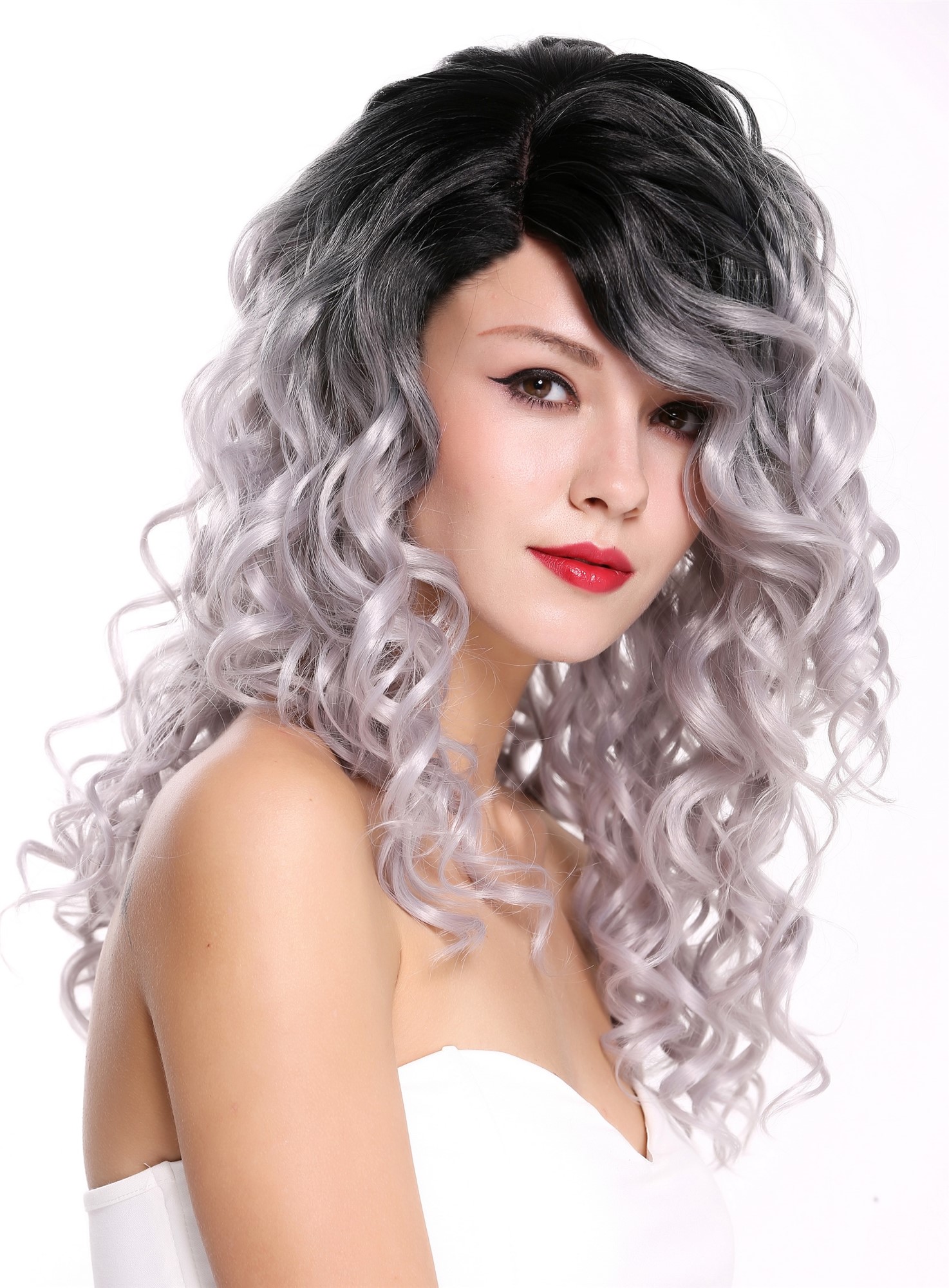 hochwertige Qualitätsperücken, Perücke Locken Volumen Lang Scheitel Ombre Schwarz Grau RGF-6467C-T1B/SILVER, Ansicht 5, WIG ME UP: Ihr Perücken Online Shop lockige Tressen-Perücke mit Kopfhaut-Imitat Schwarz-Silbergrau lange Haare für Damen