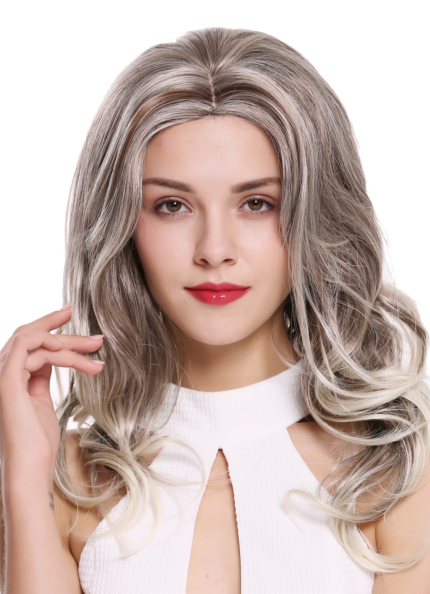 hochwertige Qualitätsperücken, Perücke Lang Gewellt Mittelscheitel Hellblond-Rehbraun-Mix DW1595-859T, Ansicht 2, WIG ME UP: Ihr Perücken Online Shop wellige Tressen-Perücke mit Kopfhaut-Imitat Hellblond-Rehbraun-Mix lange Haare für Damen