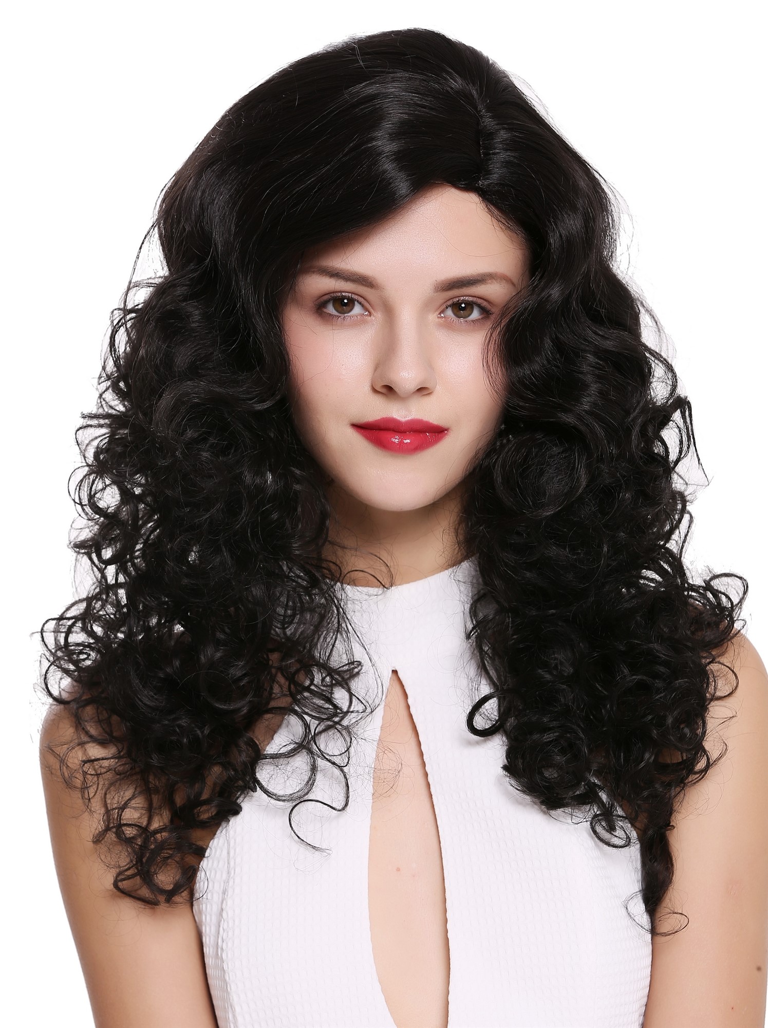 hochwertige Qualitätsperücken, Perücke Lang Volumen Seitenscheitel Schwarz 1355AB-2, Vorderansicht, WIG ME UP: Ihr Perücken Online Shop lockige Tressen-Perücke mit Kopfhaut-Imitat Schwarzbraun lange Haare für Damen