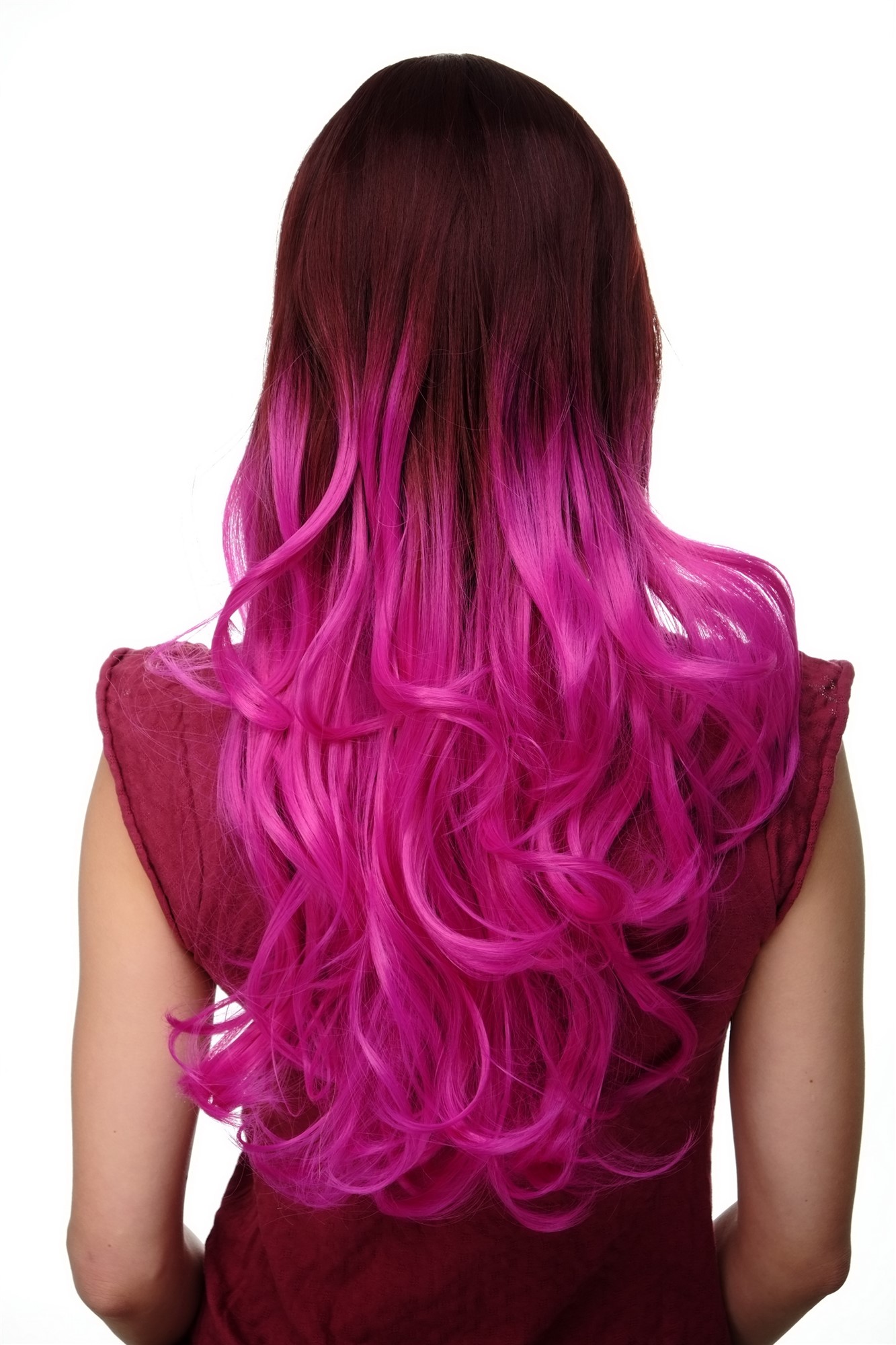 hochwertige Qualitätsperücken, Perücke Ombre Mahagonibraun Pink Lockig H9704-33FT2405, Ansicht 4, WIG ME UP: Ihr Perücken Online Shop wellige Tressen-Perücke mit Kopfhaut-Imitat Kastanie-Lila-Mix lange Haare für Damen