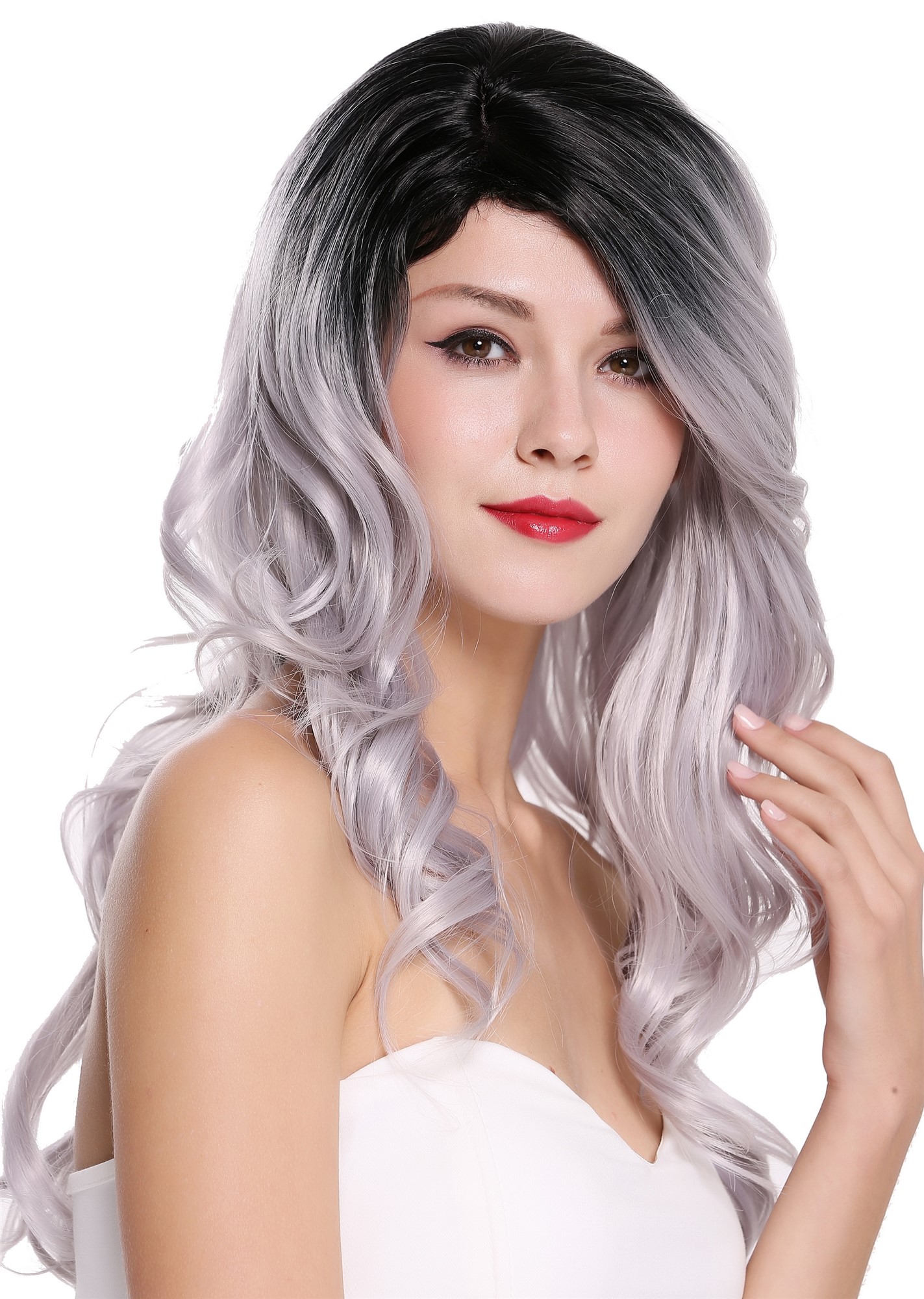 Lady women wig long wavy parting ombre black silvery grey gray RGF-6326, view 2, WIG ME UP: Your Perücken Online Shop Quality Wigs, Ladies, Black Silver Gray, wavy, long