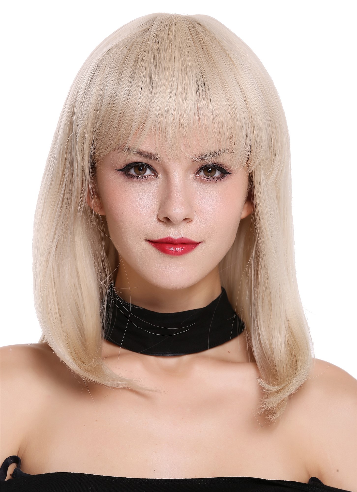 Women's wig lady shoulder-long sleek long bob bangs fringe bright blonde DM-01, front view, WIG ME UP: Your Perücken Online Shop Quality Wigs, Ladies, straw blonde-light blonde mix, straight, shoulder-length