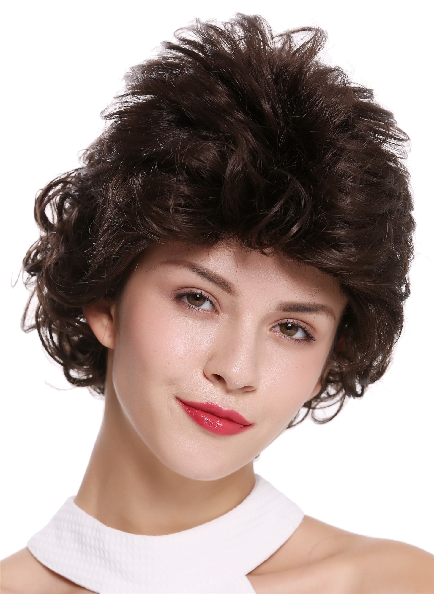 hochwertige Qualitätsperücken, Perücke kurz toupiert 80er Jahre Braun M-270-6, Vorderansicht, WIG ME UP: Ihr Perücken Online Shop wellige Tressen-Perücke Mittelbraun kurze Haare für Damen