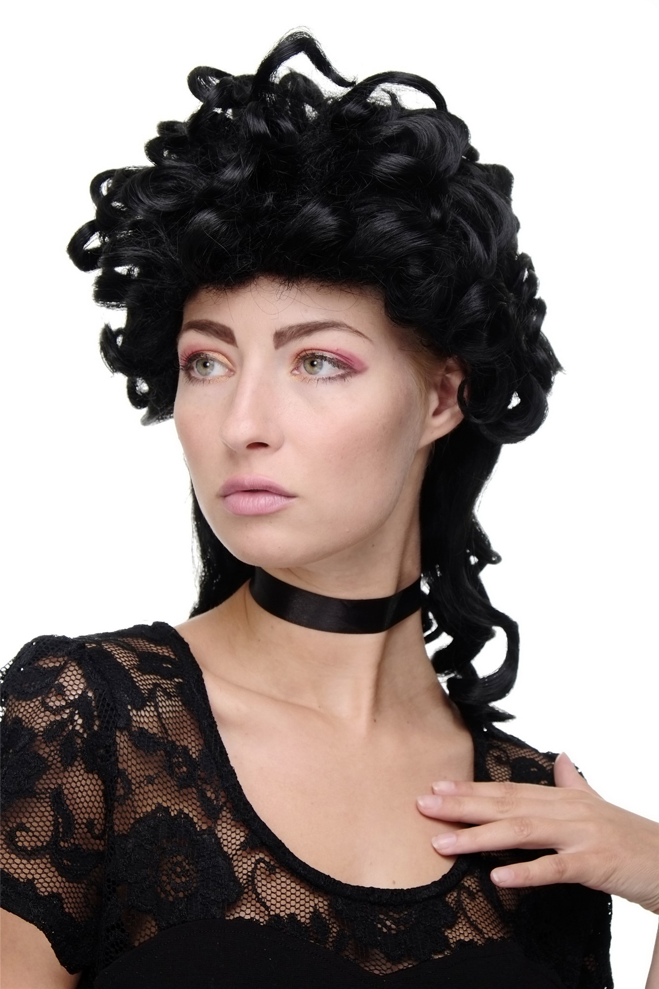 Lady  Wig Cosplay Theatre Renaissance Baroque Rococo Marie Antoinette curls curly black, front view, WIG ME UP: Your Perücken Online Shop Quality Wigs, Ladies, Black, curled, shoulder-length