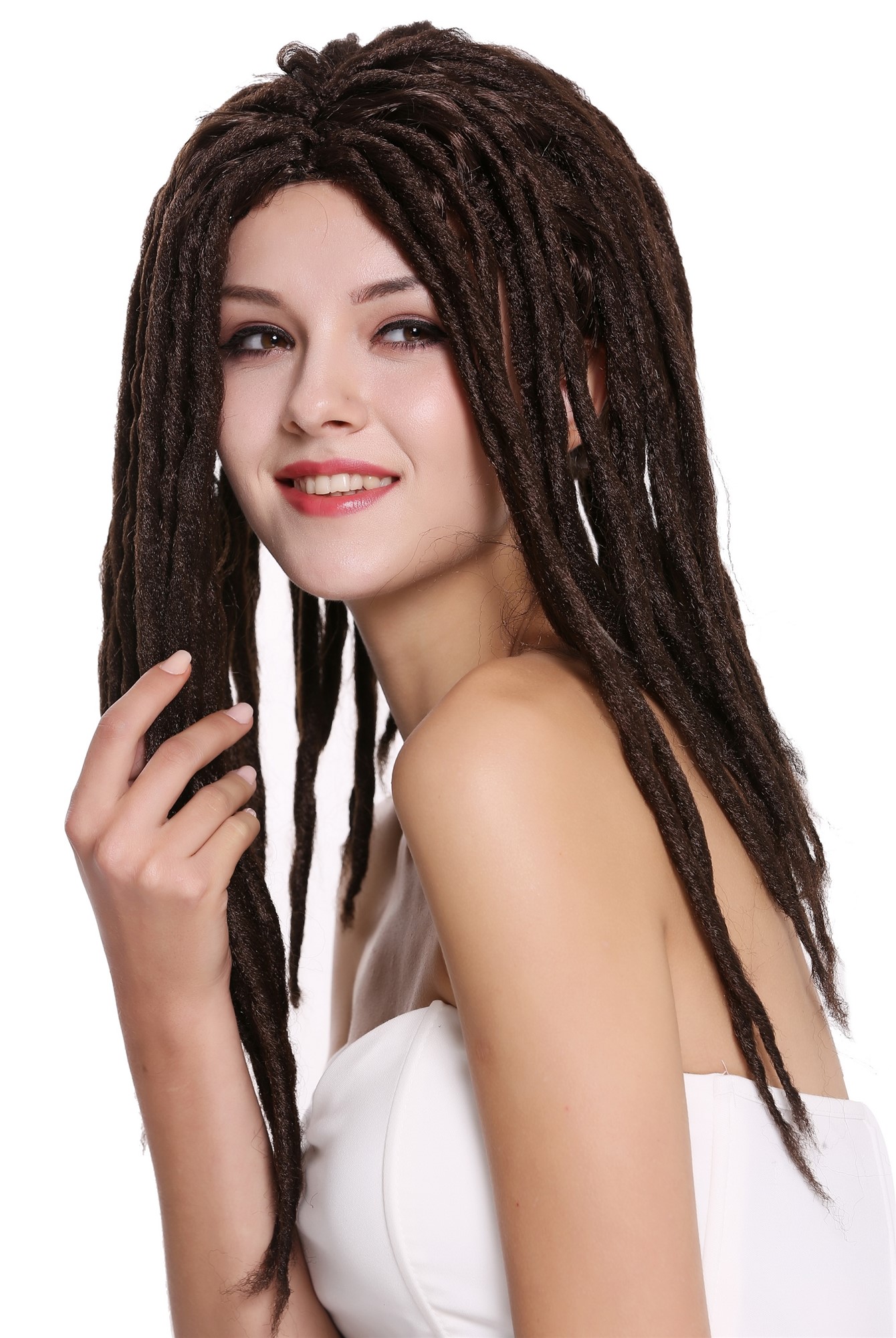 günstige Party Perücke, Perücke Dreadlocks Rasta Dreads Braun 90674-ZA4, Ansicht 3, WIG ME UP: Ihr Perücken Online Shop lockige Party Perücke Braun schulterlange Haare Unisex