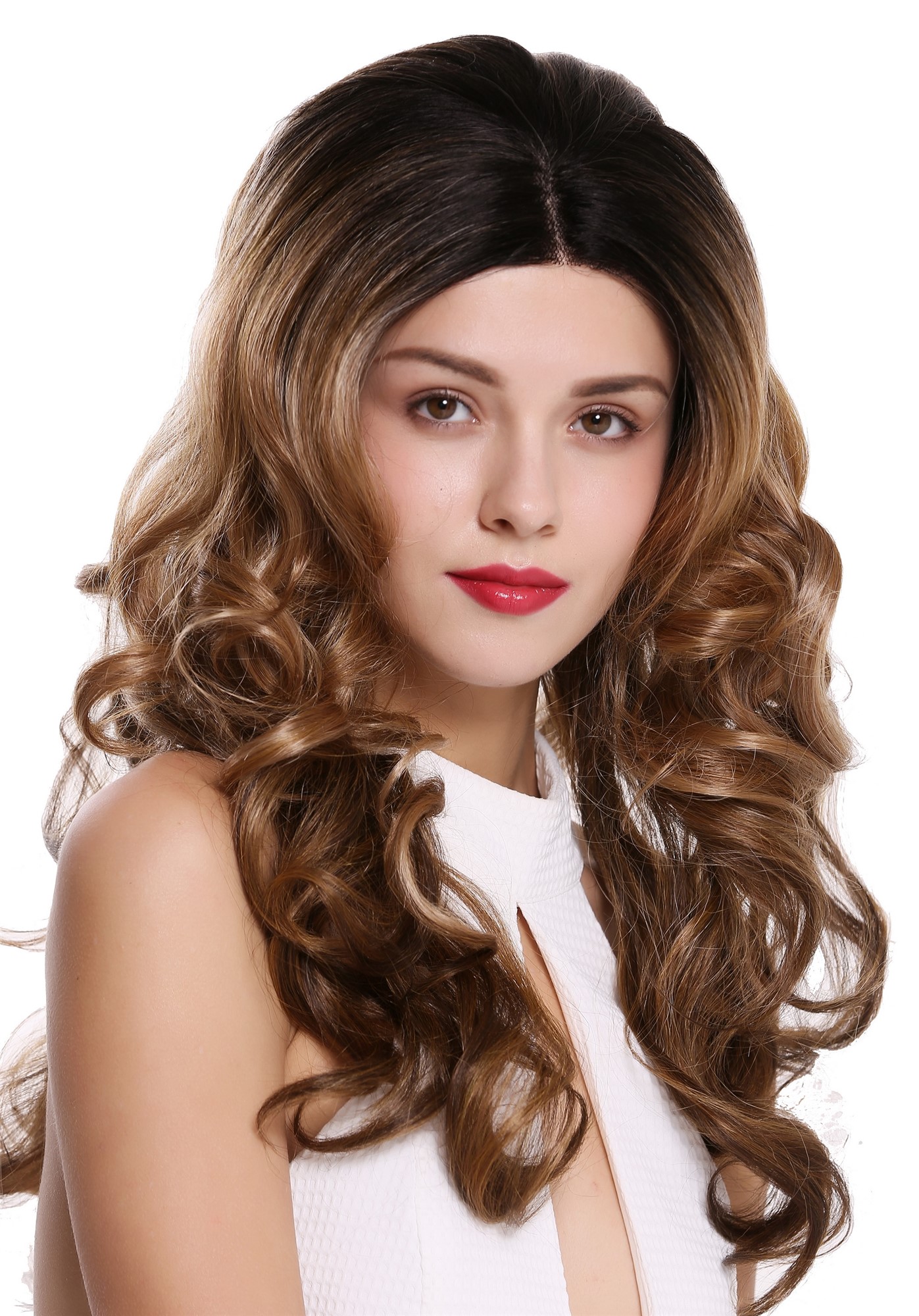 Quality Wigs, Ladies, strawberry blonde-copper brown-platinum blonde-velvet black mix, curled, long