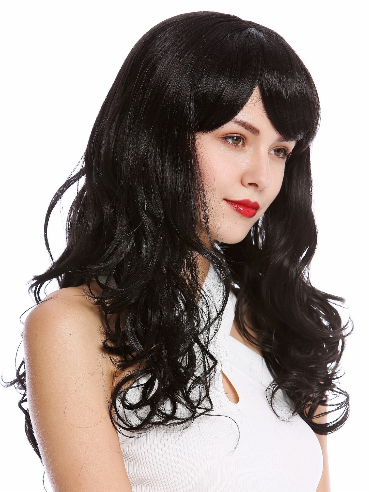 hochwertige Qualitätsperücken, Perücke Lang Gewellt Pony Schwarz SA103-2, Ansicht 3, WIG ME UP: Ihr Perücken Online Shop lockige Tressen-Perücke mit Kopfhaut-Imitat Schwarzbraun lange Haare für Damen