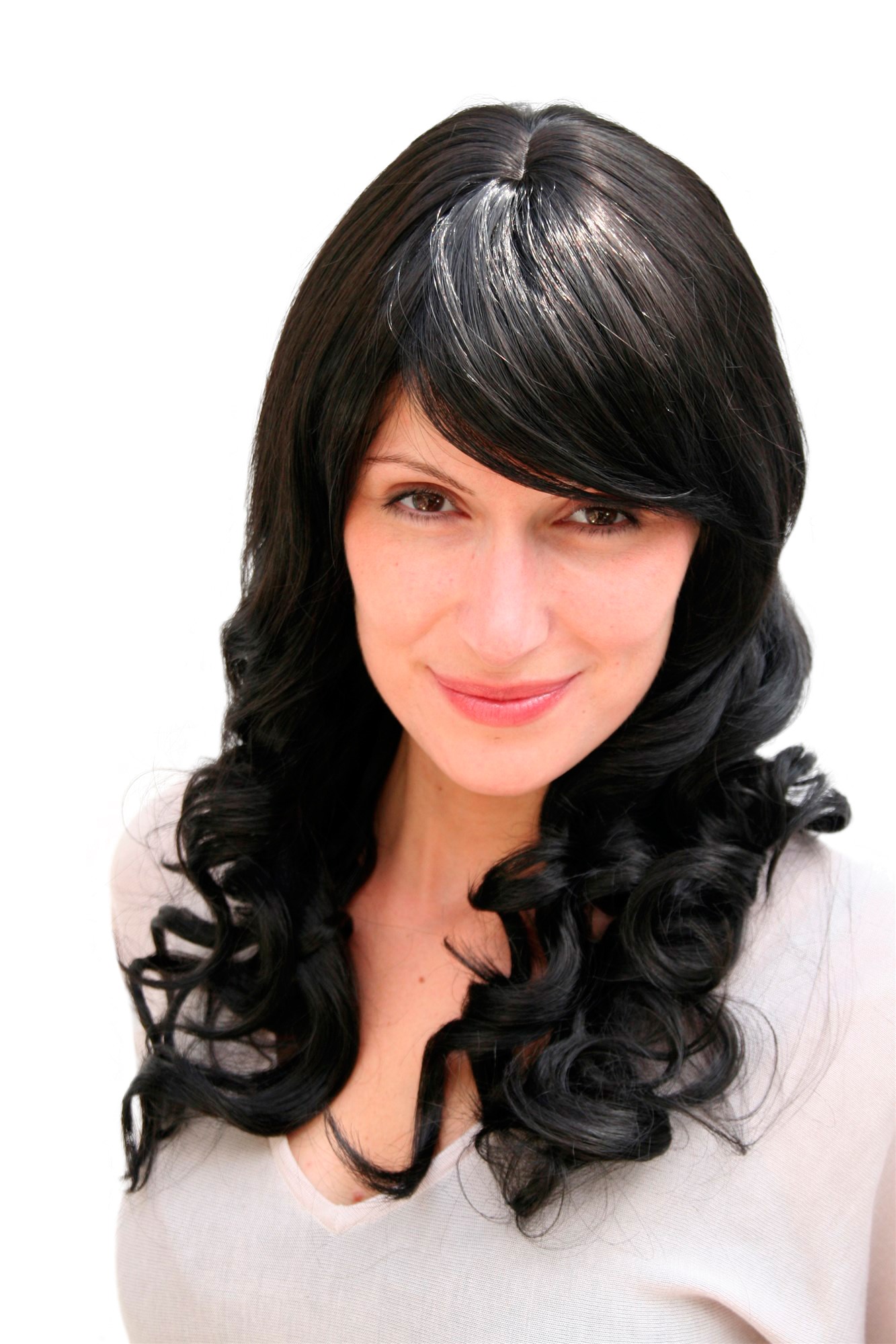 BEAUTIFUL black Lady  Wig CUTE PARTING long slight CORKSKREW curls (9210L Colour 2), front view, WIG ME UP: Your Perücken Online Shop Quality Wigs, Ladies, velvet black, curled, long