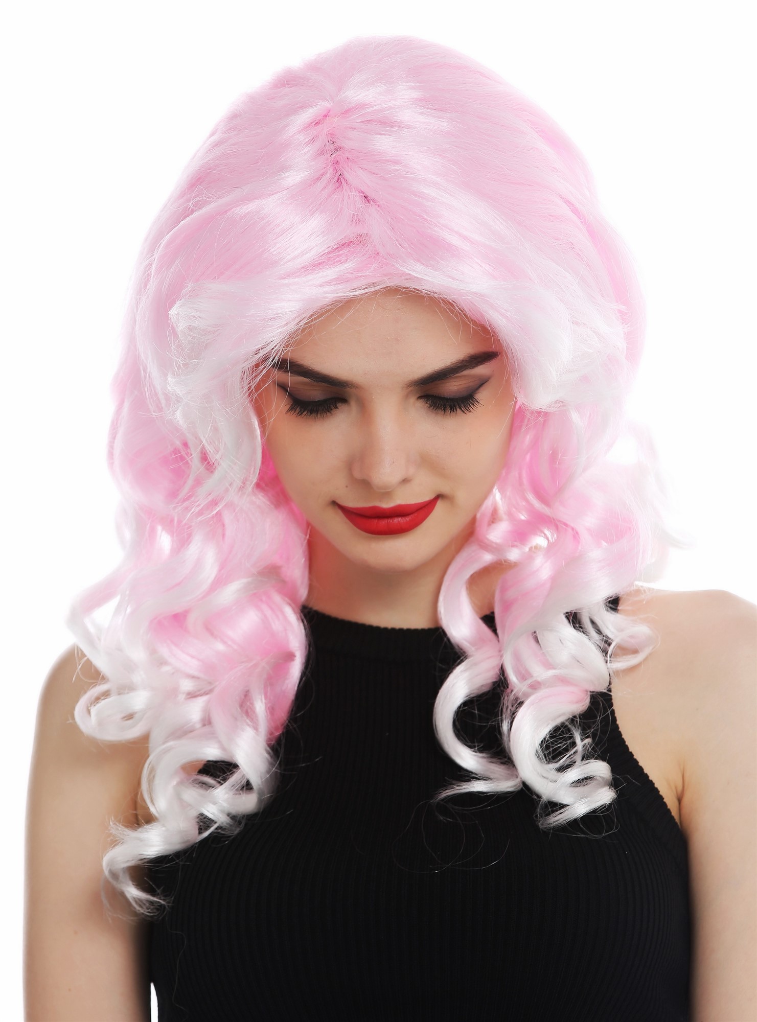 günstige Party Perücke, Perücke Diva lang Korkenzieher-Locken Hell-Rosa 06053-FR28-T68, Ansicht 4, WIG ME UP: Ihr Perücken Online Shop lockige Party Perücke Hellrosa-Weiß-Mix schulterlange Haare für Damen