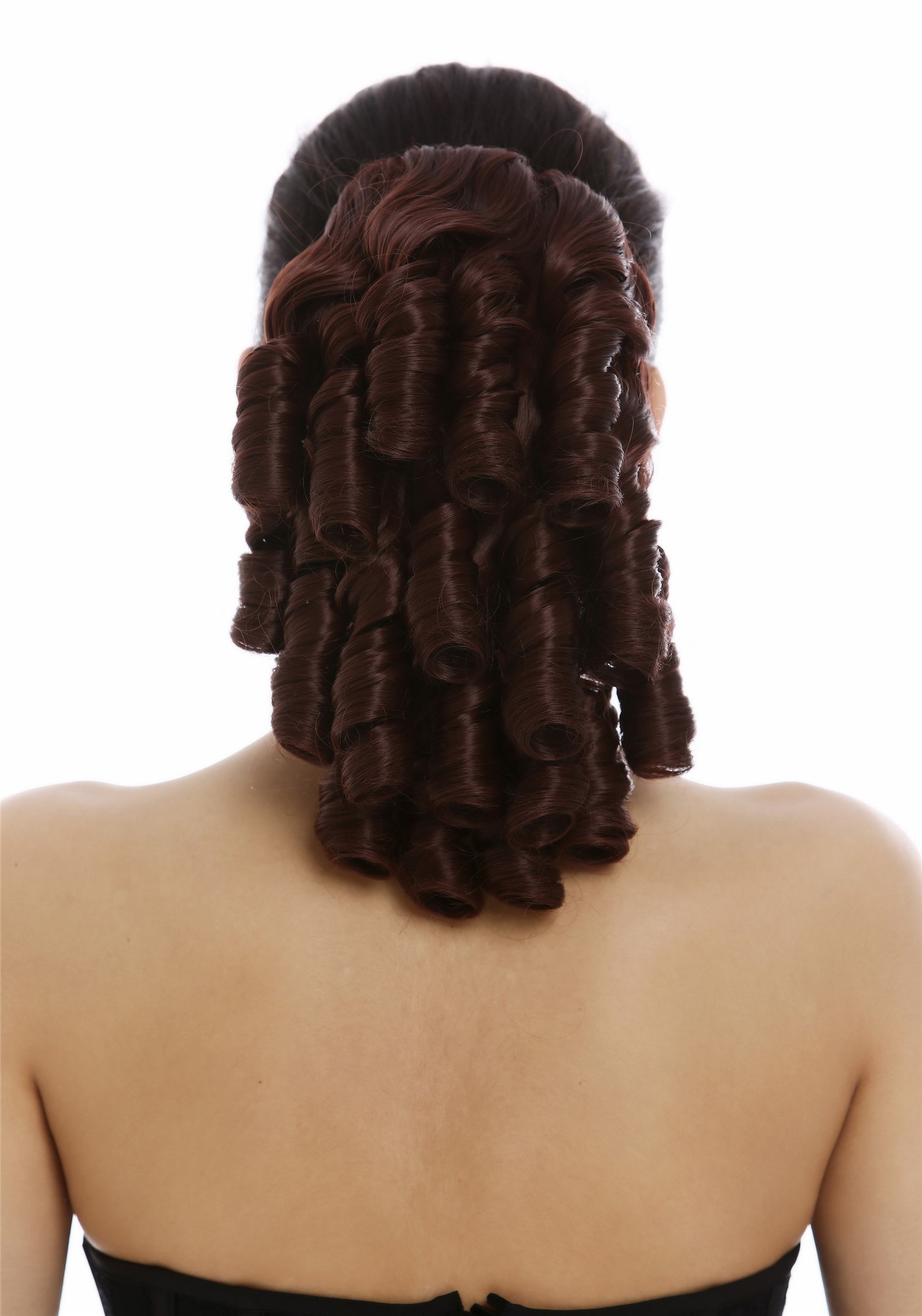 Ponytail long black ringlets curls baroque victorian mahogany auburn 2213-HAT, front view, WIG ME UP: Your Perücken Online Shop Ponytails, mahogany brown, curled, short