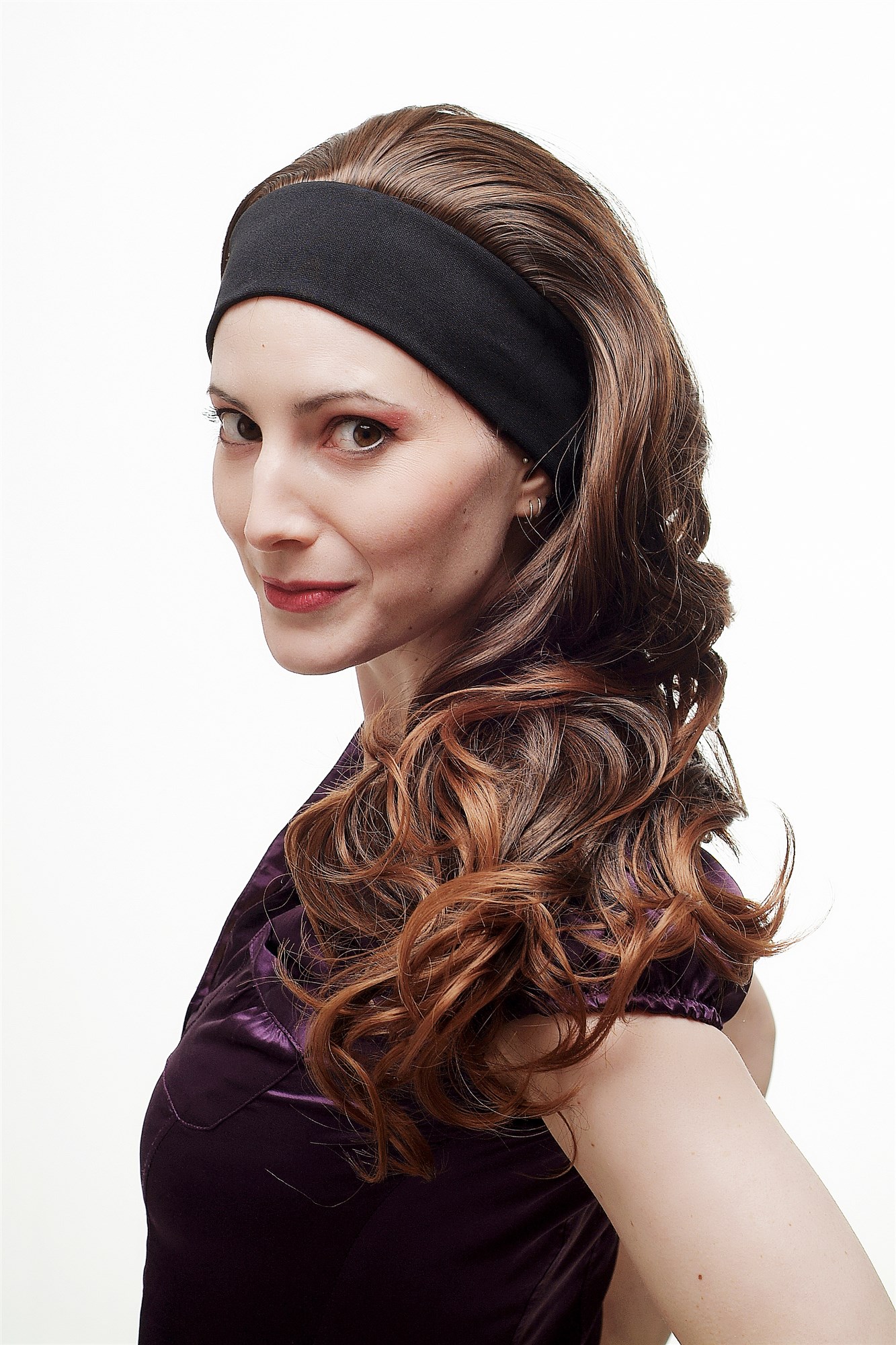 hochwertige Qualitätsperücken, Perücke Halbperücke mit Stirnband gelockte Haare Braun-Mix H9309-2T30, Ansicht 6, WIG ME UP: Ihr Perücken Online Shop lockige Tressen-Perücke mit Stirnband Braun lange Haare für Damen