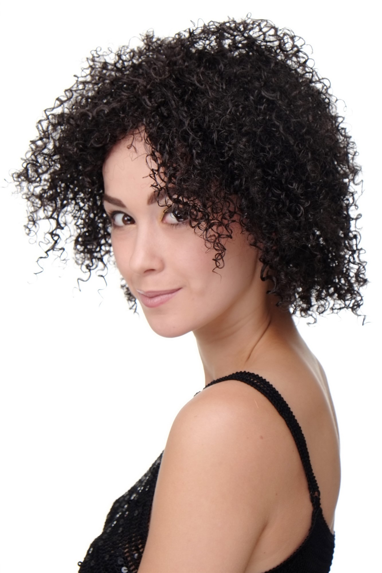 hochwertige Qualitätsperücken, Damenperücke Afro Kraus Gelockt Dunkelbraun Modell: SALAM-C, Ansicht 2, WIG ME UP: Ihr Perücken Online Shop lockige Tressen-Perücke Braun kurze Haare für Damen