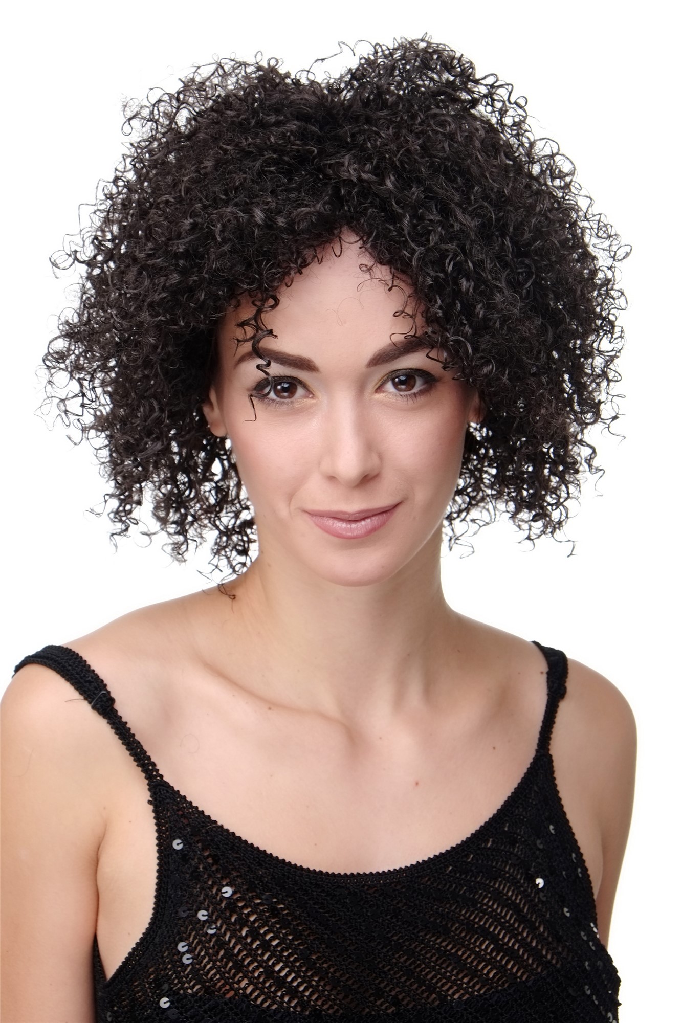 hochwertige Qualitätsperücken, Damenperücke Afro Kraus Gelockt Dunkelbraun Modell: SALAM-C, Vorderansicht, WIG ME UP: Ihr Perücken Online Shop lockige Tressen-Perücke Braun kurze Haare für Damen