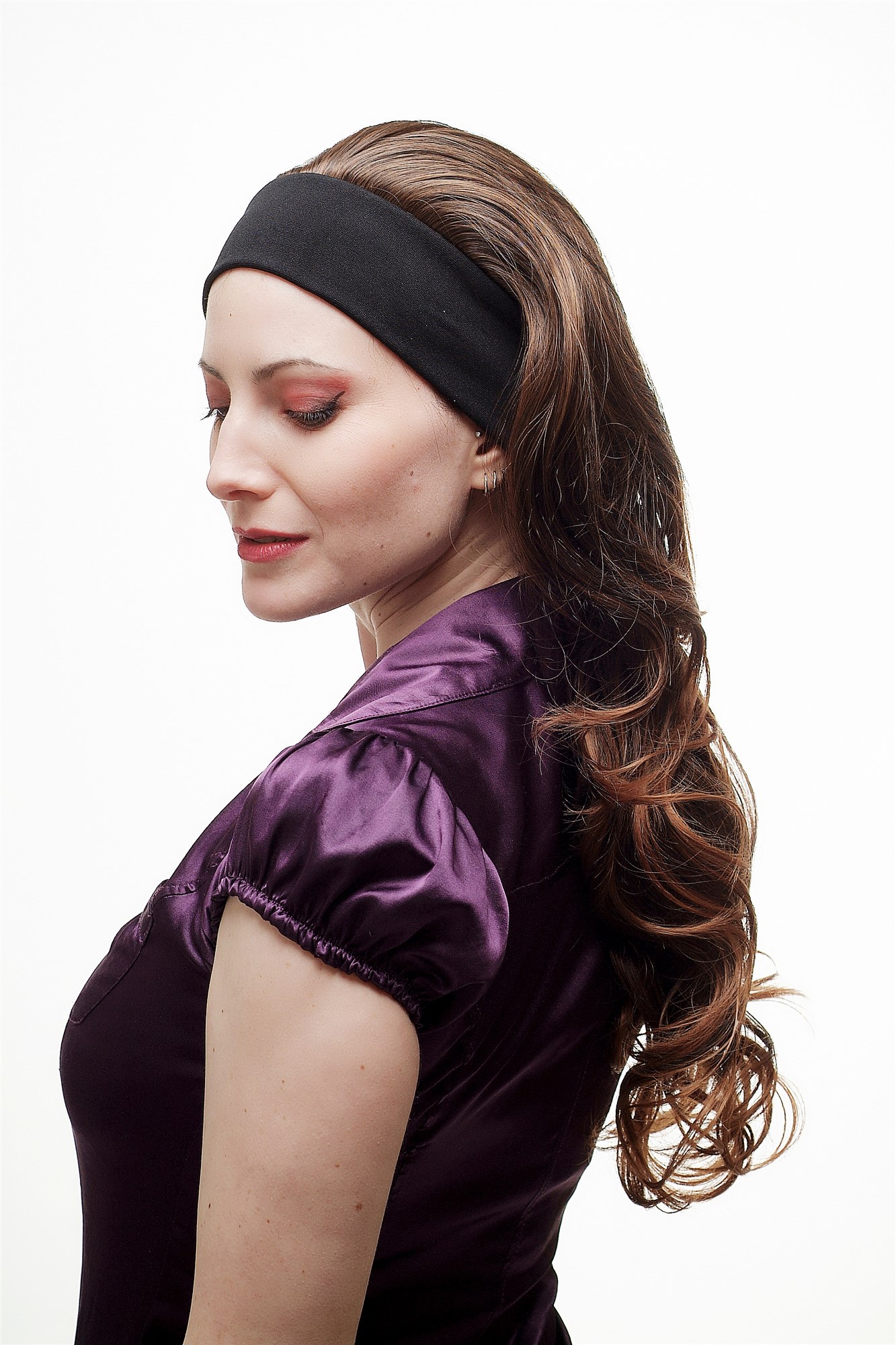 hochwertige Qualitätsperücken, Perücke Halbperücke mit Stirnband gelockte Haare Braun-Mix H9309-2T30, Ansicht 3, WIG ME UP: Ihr Perücken Online Shop lockige Tressen-Perücke mit Stirnband Braun lange Haare für Damen