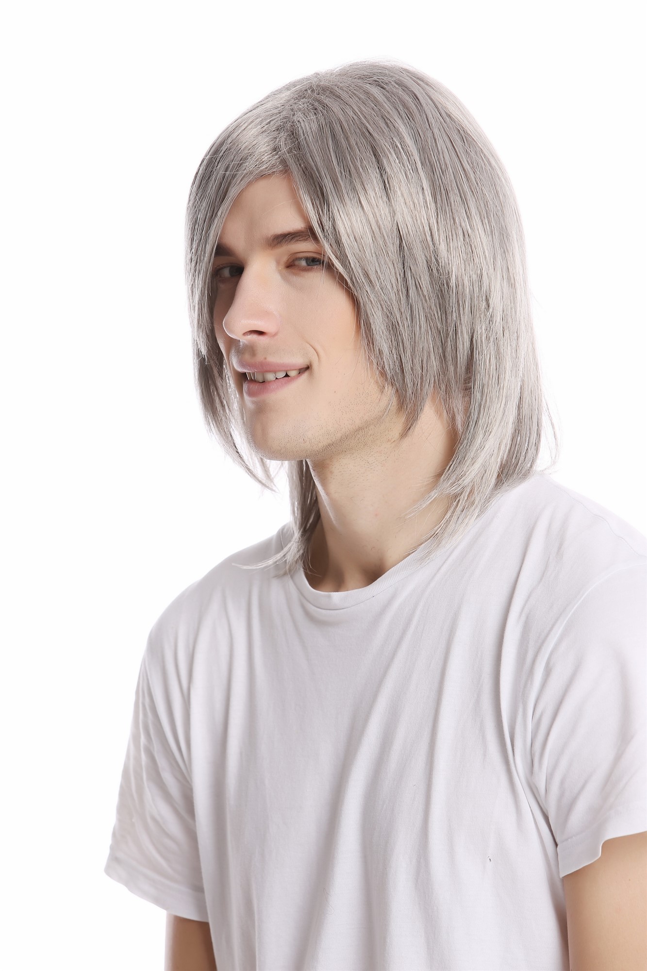 Men Gents Wig long straight middle parting aged rock star youthful modern look silver gray grey, view 3, WIG ME UP: Your Perücken Online Shop Quality Wigs, Men, light gray, straight, shoulder-length