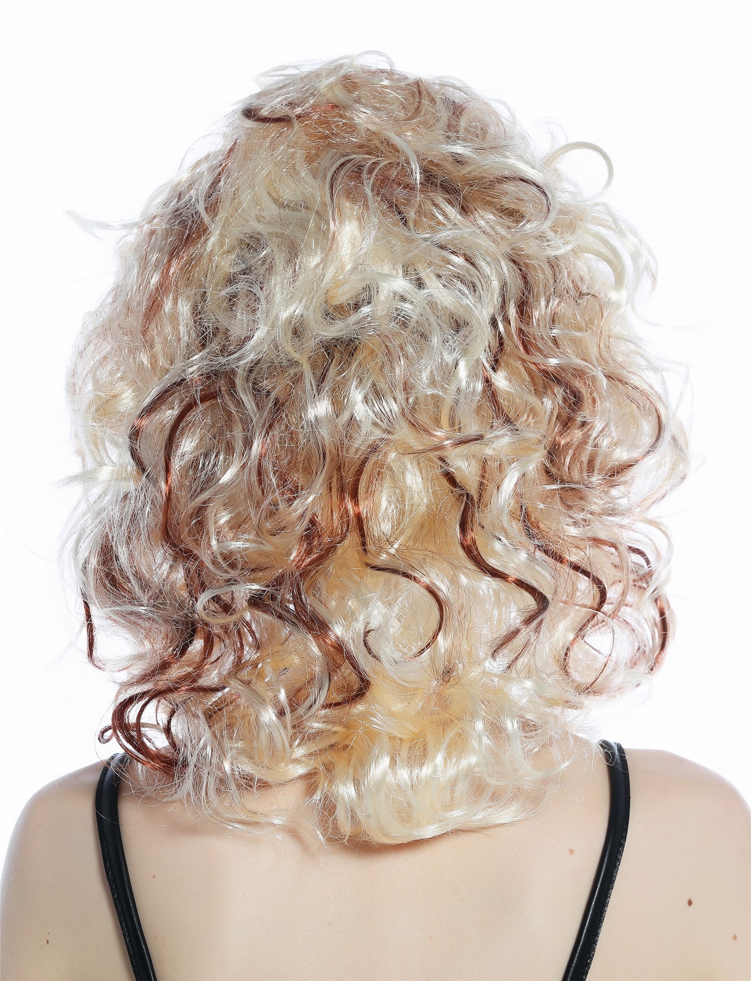 günstige Party Perücke, Perücke lockig Scheitel Hellblond braune Strähnen 91873-P88-P33A, Ansicht 5, WIG ME UP: Ihr Perücken Online Shop lockige Party Perücke Blond mit Mahagoni strähnen schulterlange Haare für Damen