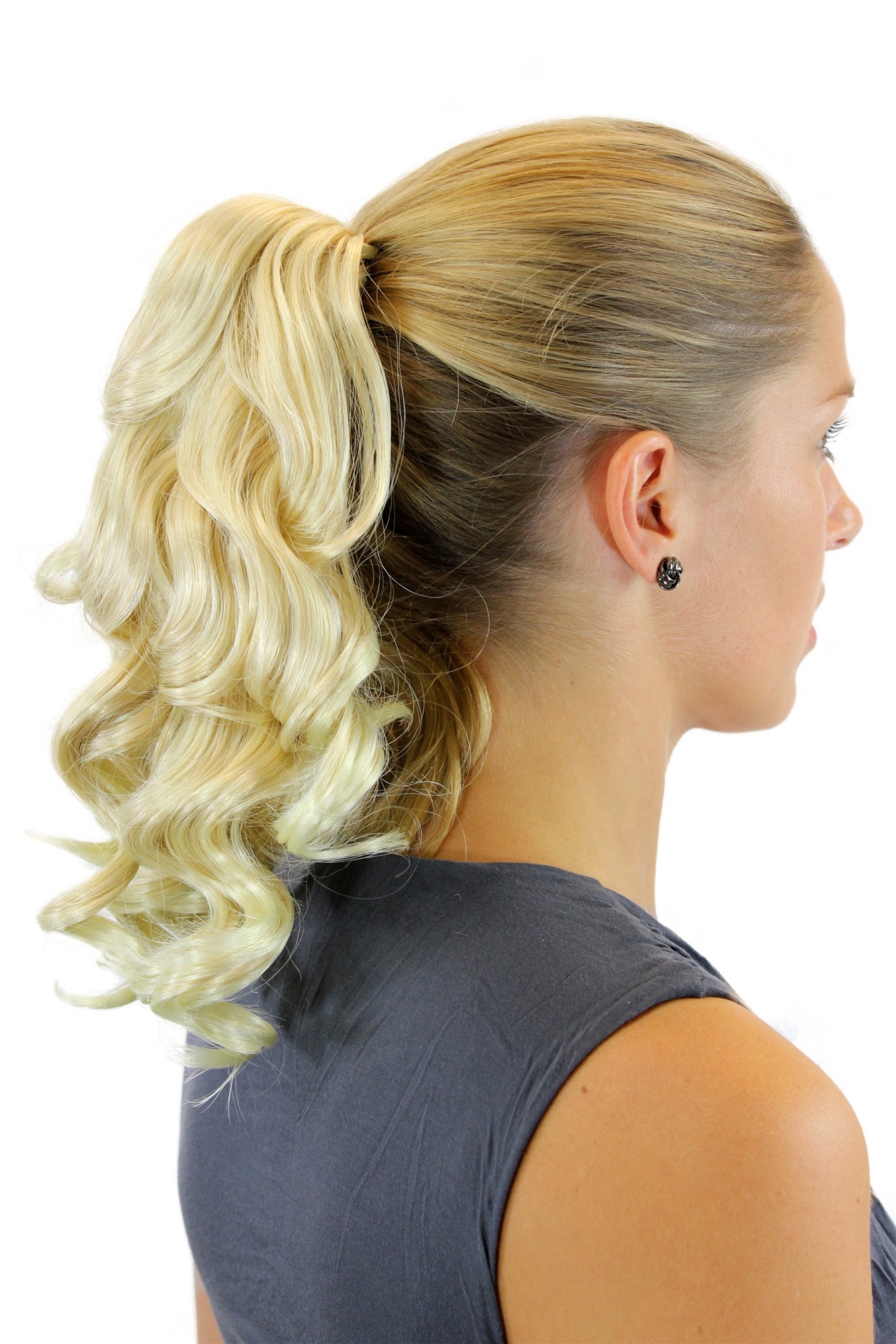 XF-6382-24BT613 Ponytail Hairpiece extension short shoulder length curled curls ash blond streaked platinum highlights 12", view 3, WIG ME UP: Your Perücken Online Shop Ponytails, golden blonde-platinum blonde, curled, short