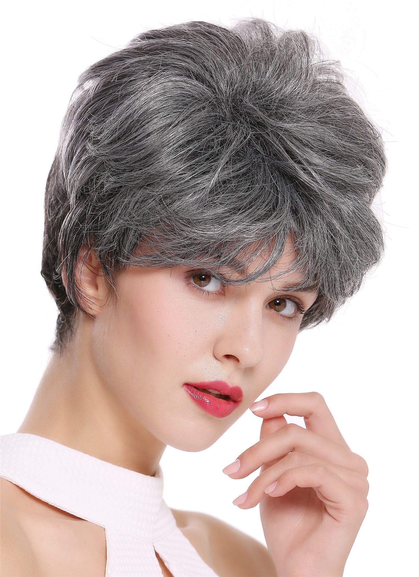 hochwertige Qualitätsperücken, Perücke kurz voluminös dunkles Grau meliert DW2461-DF1202, Vorderansicht, WIG ME UP: Ihr Perücken Online Shop glatte Tressen-Perücke Silbergrau-Schwarz kurze Haare für Damen