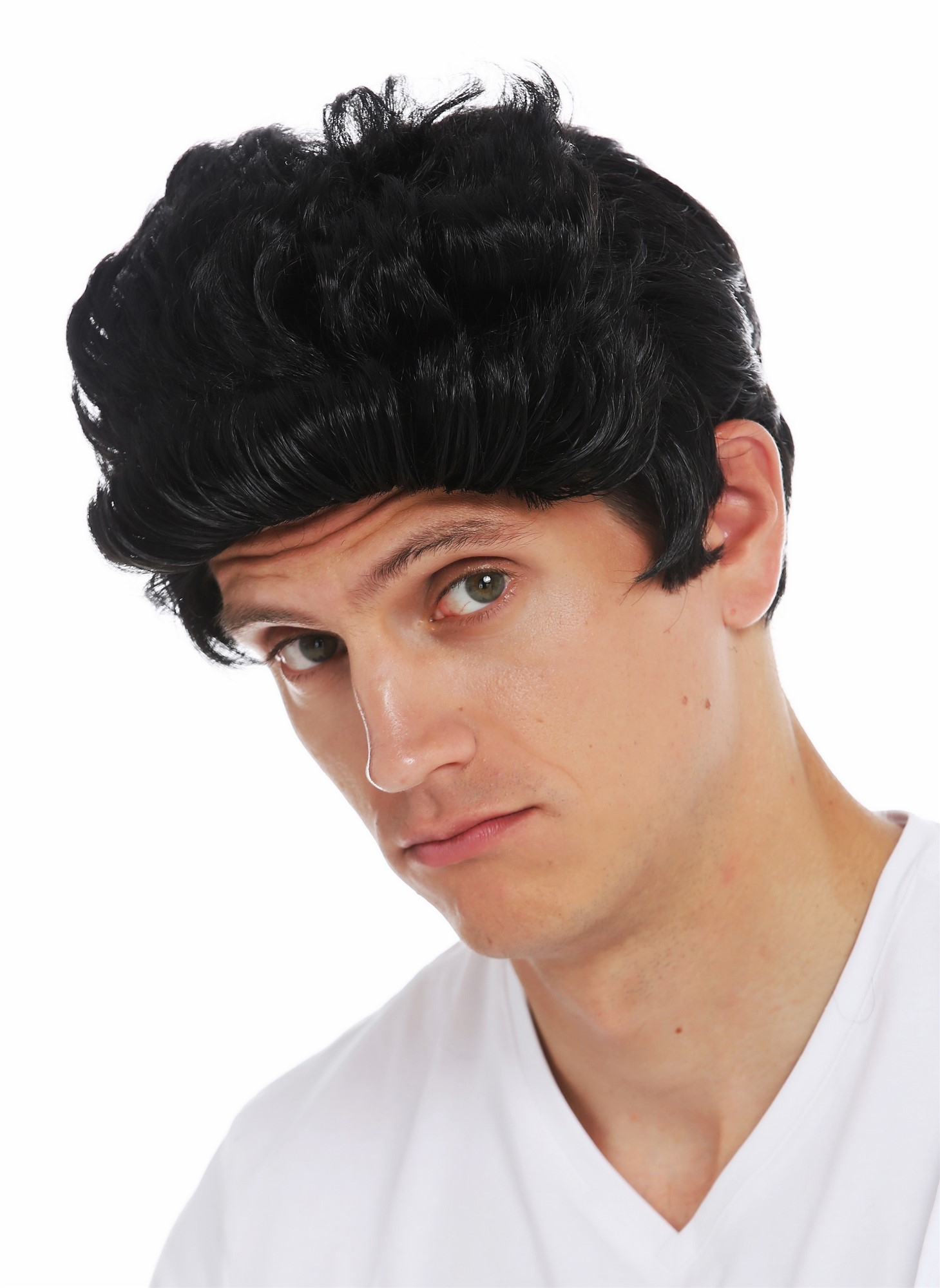 Wig carnival Halloween men man short cool wavy quiff 50's 60's black 7064, view 3, WIG ME UP: Your Perücken Online Shop Party Wig, Unisex, pitch black, wavy, short