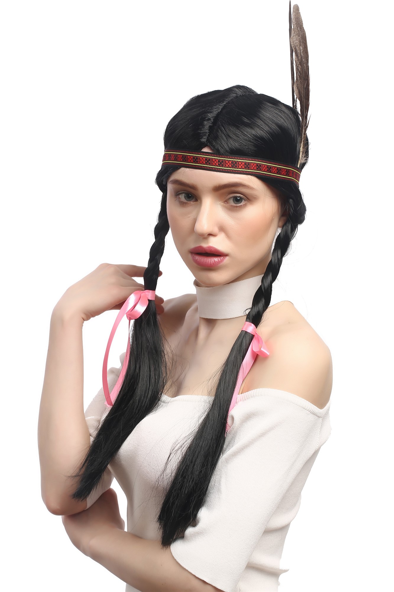 Lady Wig woman Native American long braided pigtails headband feather WG-7001, view 2, WIG ME UP: Your Perücken Online Shop Party Wig, Ladies, Black, Braided, long