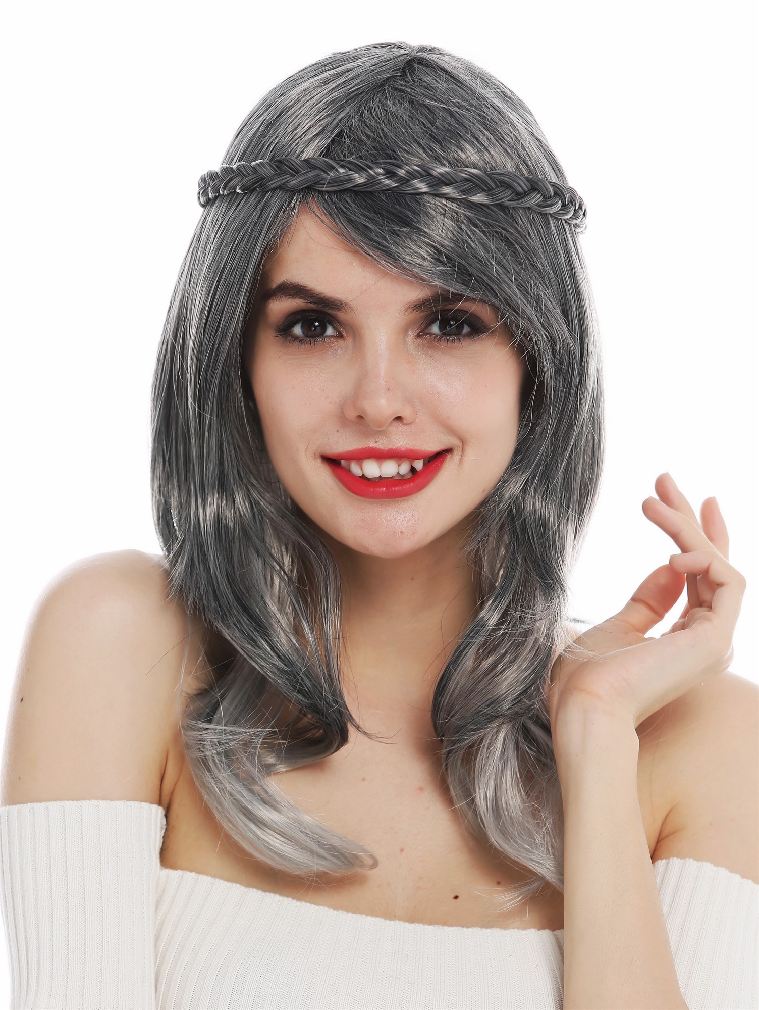 Party Wig, Ladies, dark gray, Braided, short