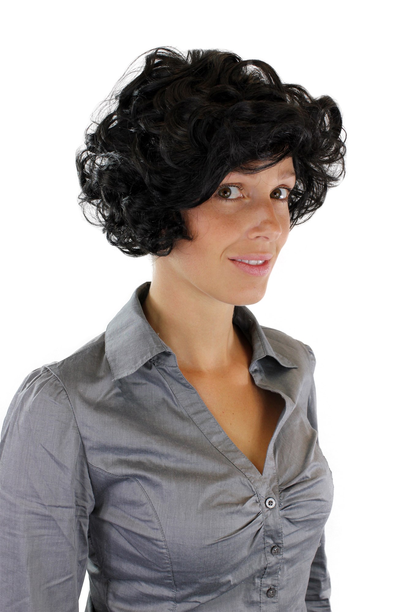 hochwertige Qualitätsperücken, Perücke kurz kesse Locken schwarz GFW963-1B, Ansicht 2, WIG ME UP: Ihr Perücken Online Shop lockige Tressen-Perücke Samtschwarz kurze Haare für Damen