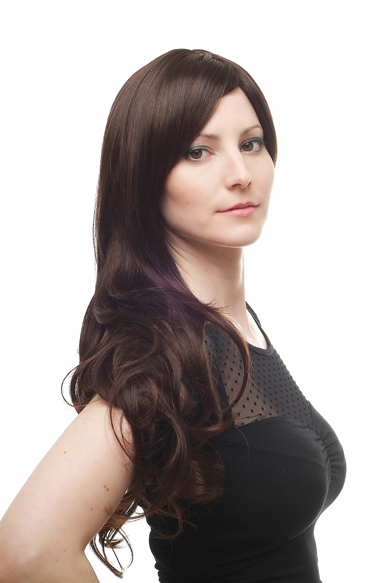 Lady wig straight curling wavy ends mahogany brown long fringe parted side H9117, view 2, WIG ME UP: Your Perücken Online Shop Quality Wigs, Ladies, Brown, wavy, long
