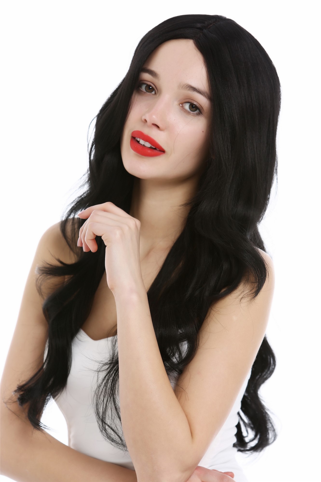 hochwertige Qualitätsperücken, Perücke lang Teil-Monofilament Scheitel wellig Schwarz RGF-5905LD-1B, Vorderansicht, WIG ME UP: Ihr Perücken Online Shop wellige Tressen-Perücke mit Front-Lace Samtschwarz lange Haare für Damen