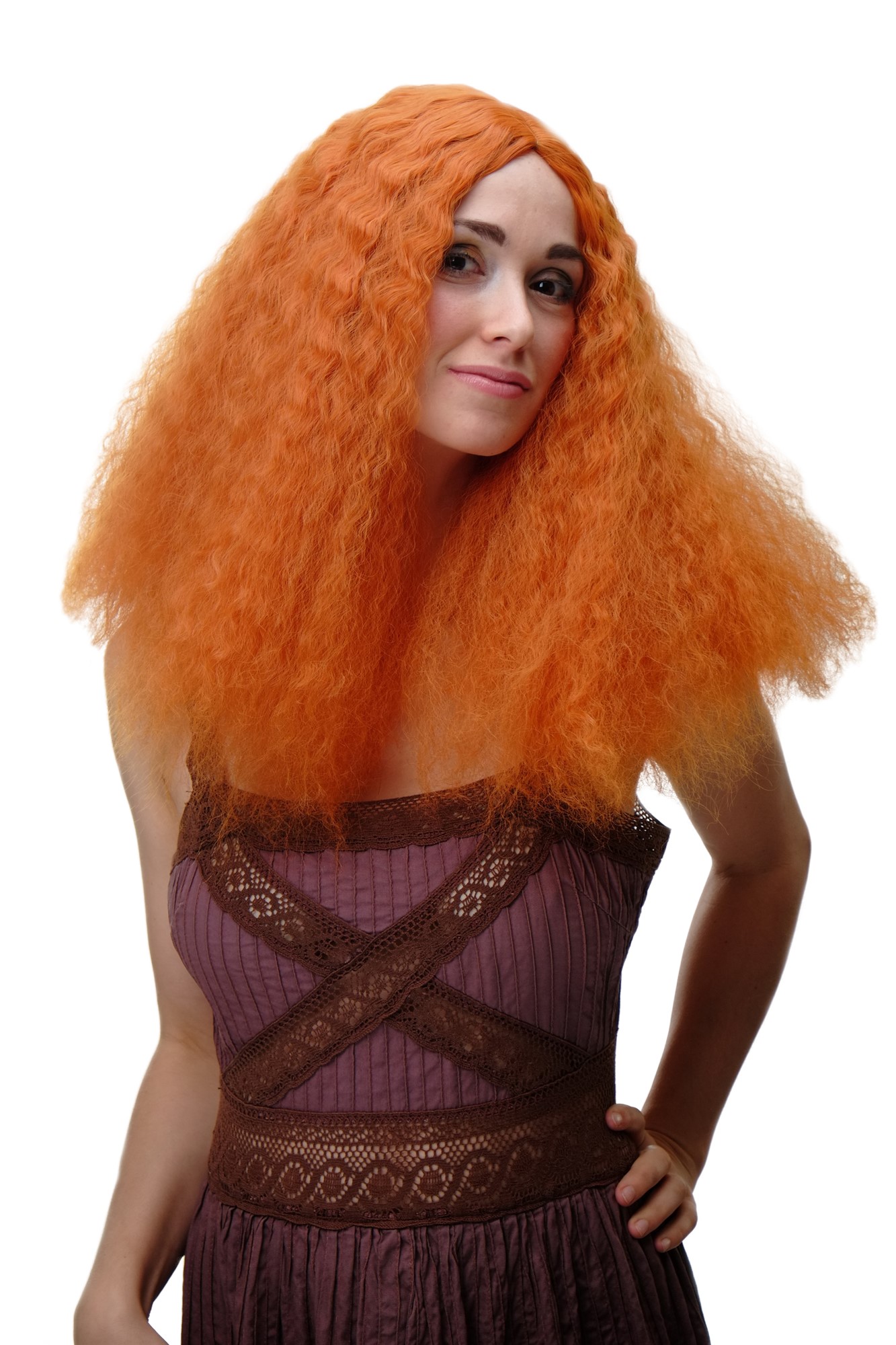 hochwertige Qualitätsperücken, Damen Perücke Orange Locken YZF-7304-T2735, Vorderansicht, WIG ME UP: Ihr Perücken Online Shop lockige Tressen-Perücke mit Kopfhaut-Imitat Orangerot lange Haare für Damen