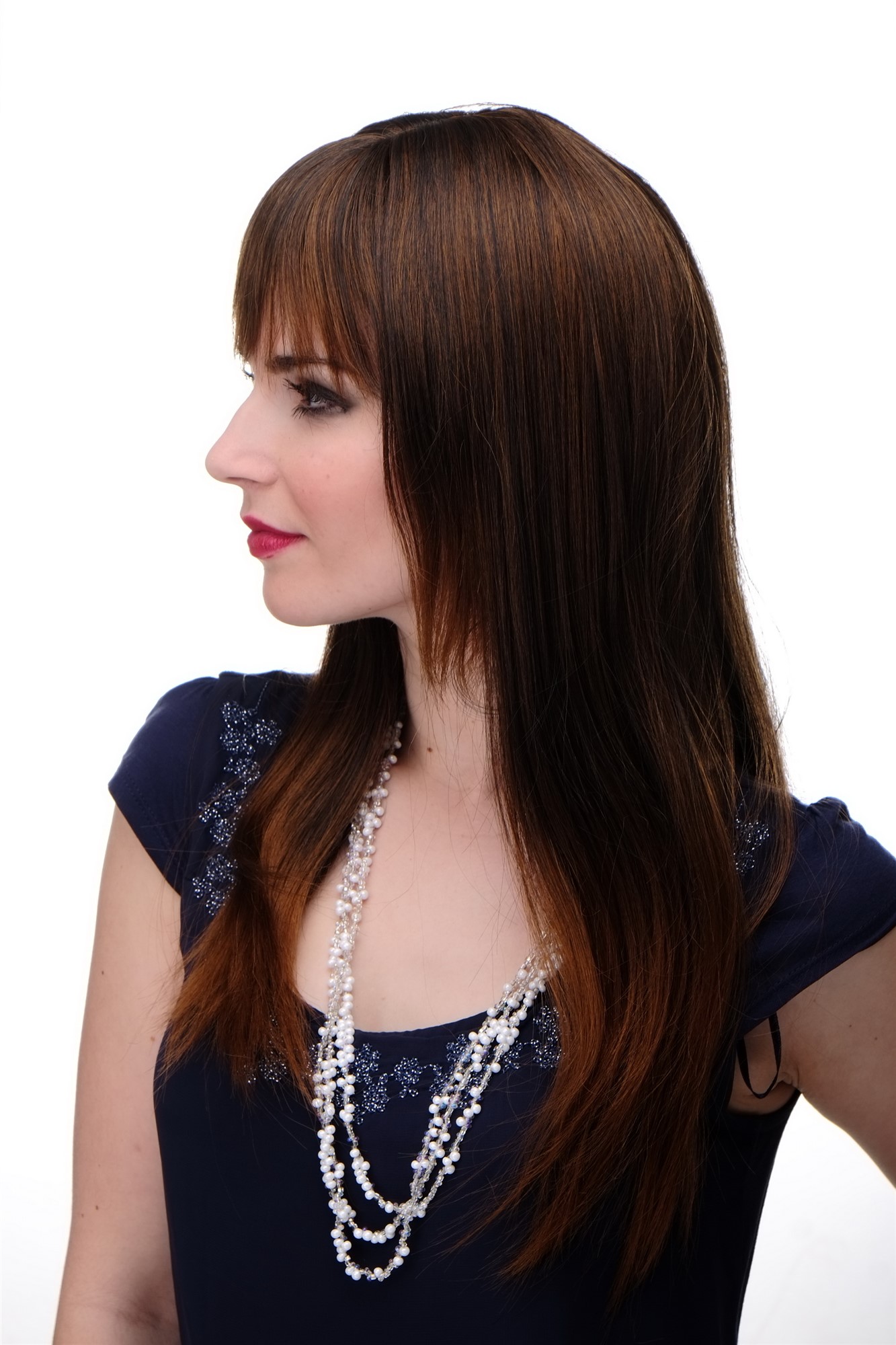 glatte Tressen-Perücke mit Kopfhaut-Imitat Schwarzbraun-Kupferbraun-Mix lange Haare für Damen