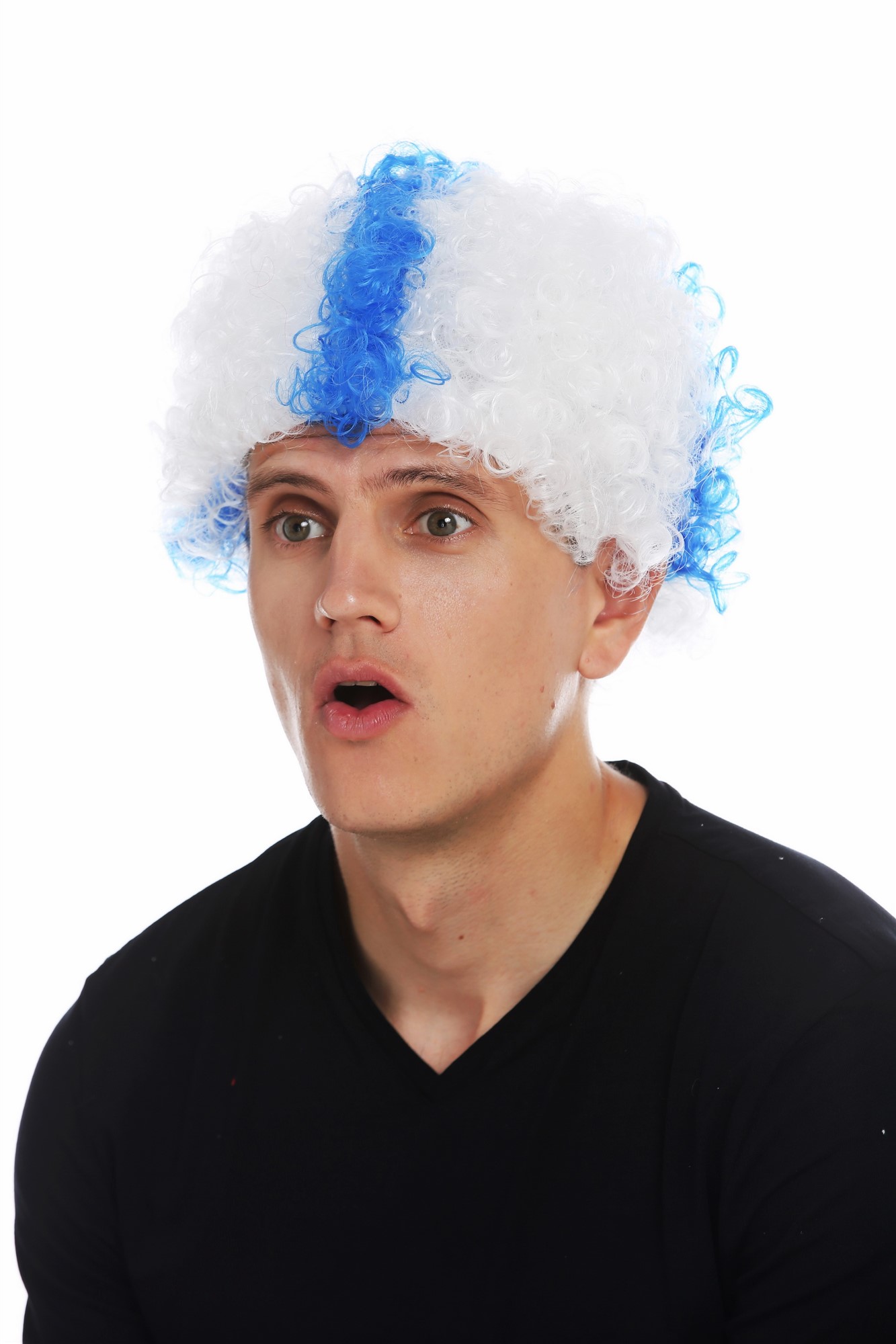 günstige Party Perücke, Perücke Fan Afro Finnland Blaues Kreuz auf Weiß MMAM-15M-K06+K2079, Ansicht 3, WIG ME UP: Ihr Perücken Online Shop lockige Party Perücke Blau-Weiß-Mix kurze Haare Unisex