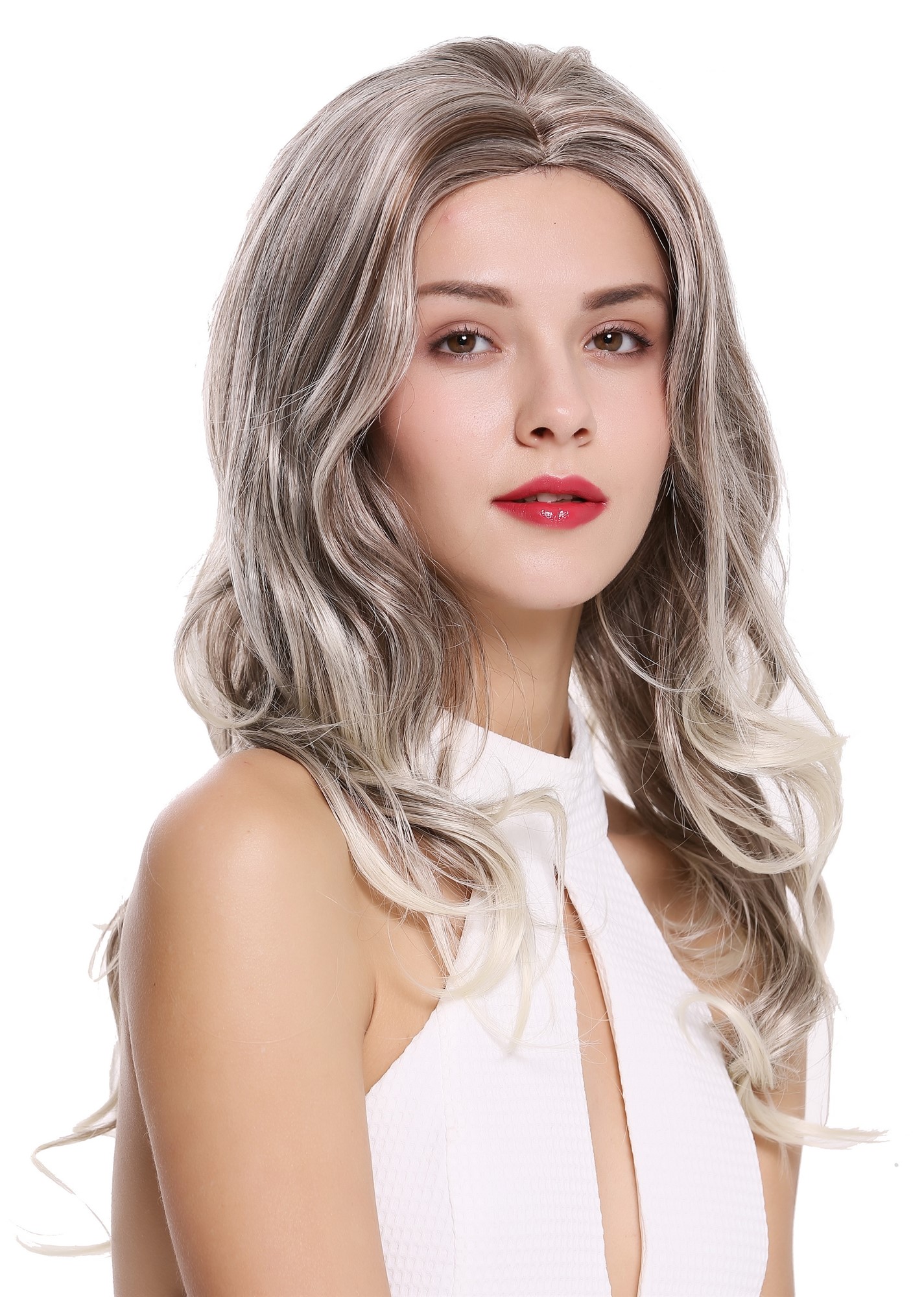 hochwertige Qualitätsperücken, Perücke Lang Gewellt Mittelscheitel Hellblond-Rehbraun-Mix DW1595-859T, Vorderansicht, WIG ME UP: Ihr Perücken Online Shop wellige Tressen-Perücke mit Kopfhaut-Imitat Hellblond-Rehbraun-Mix lange Haare für Damen