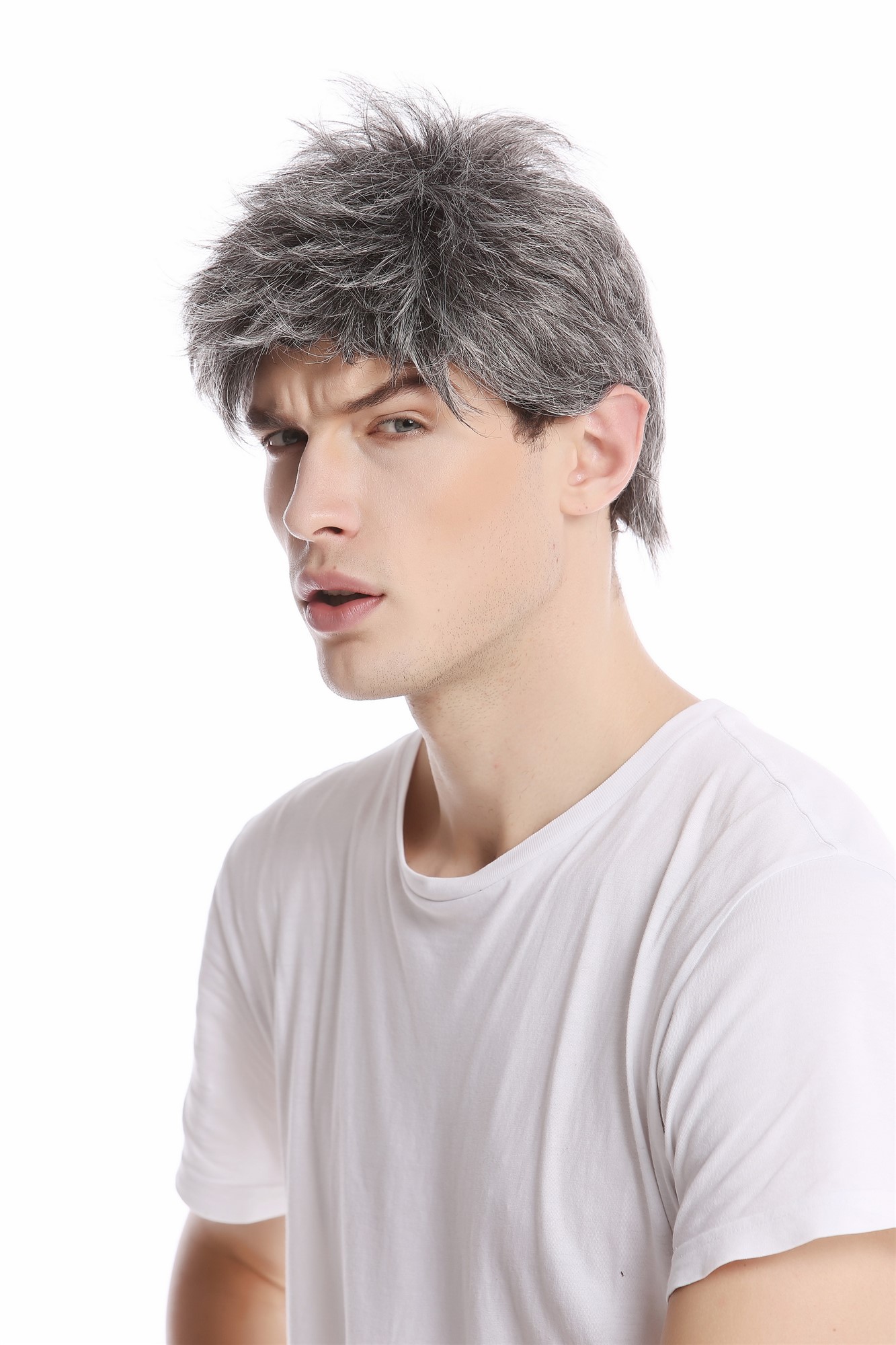 hochwertige Qualitätsperücken, Herren Perücke Wild Stürmisch-Struppig aufgestylt Kurz Dunkelgrau GFW1169-44, Ansicht 3, WIG ME UP: Ihr Perücken Online Shop wellige Tressen-Perücke Dunkelbraun-Grau-Mix kurze Haare für Herren